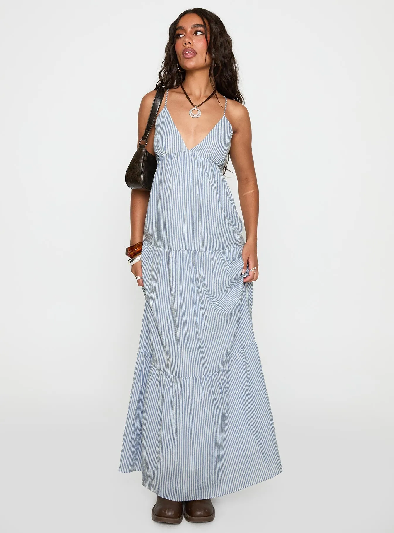 Sand Beige Boho Spirit Lost Upstate Maxi Dress Blue Stripe