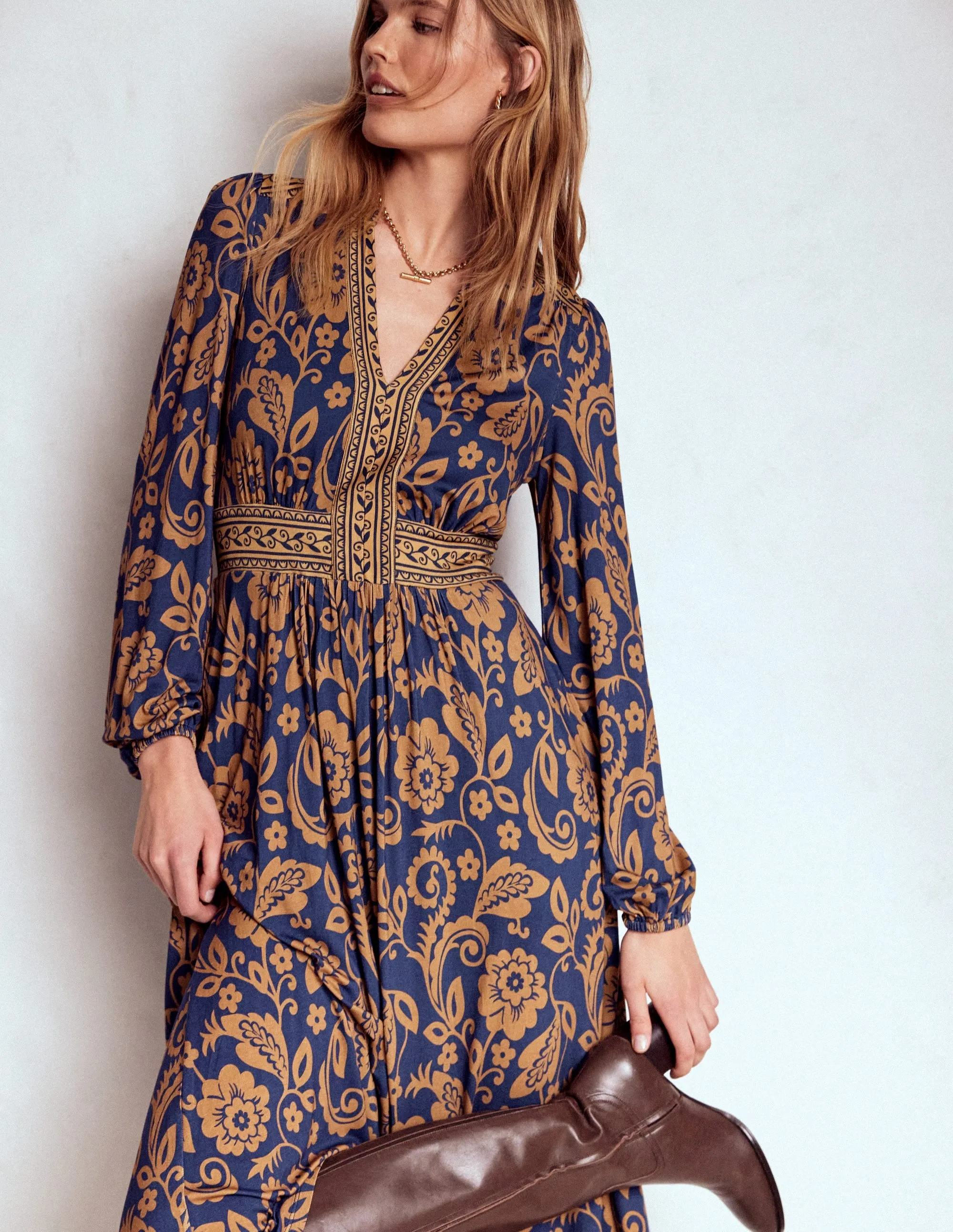 Stylish dress for gatherings Lily Long Sleeve Midi Dress-French Navy, Ornate Flora