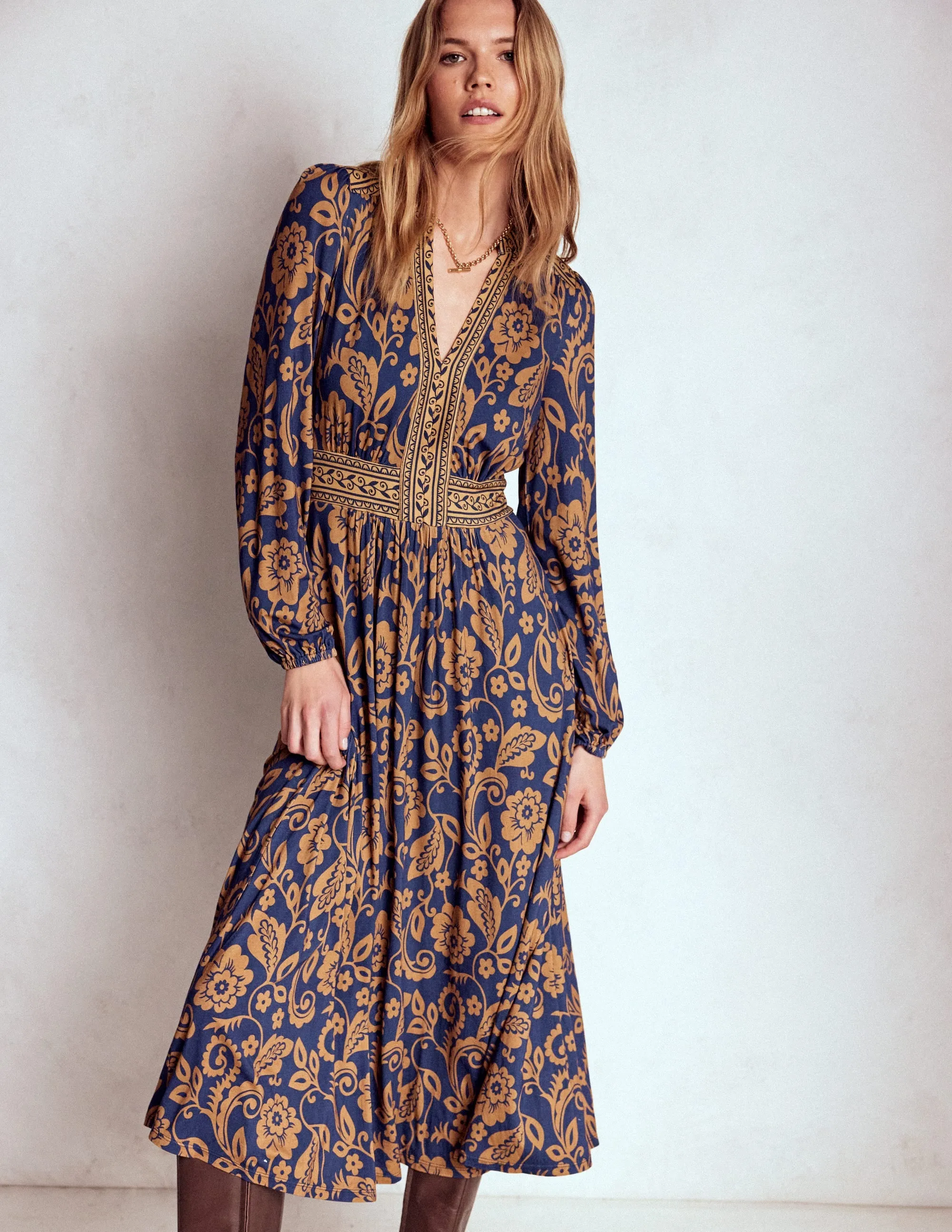 Work Ready Artistic Vibe Lily Long Sleeve Midi Dress-French Navy, Ornate Flora