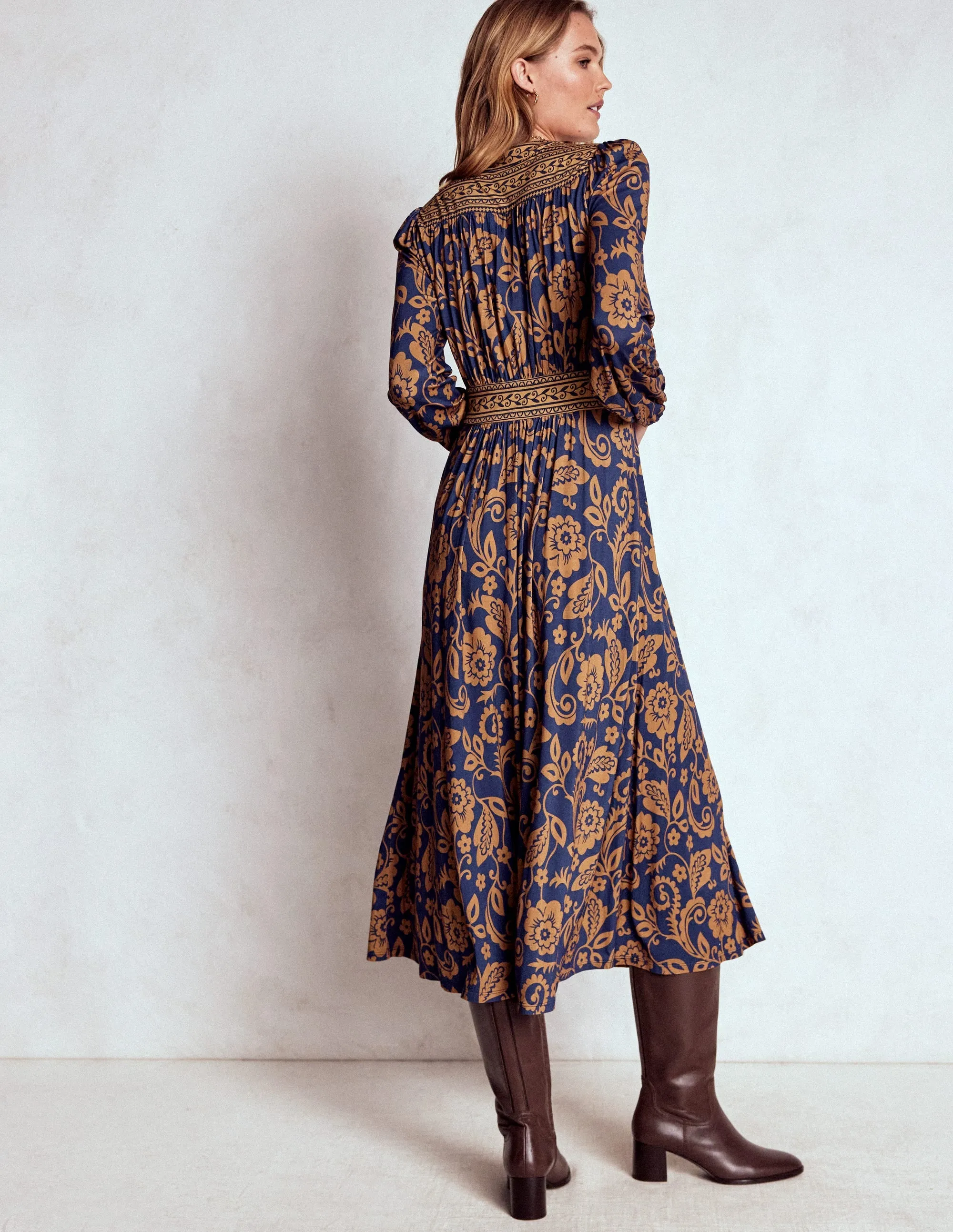 Elegant Layers Comfortable Cut Lily Long Sleeve Midi Dress-French Navy, Ornate Flora