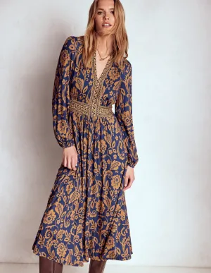 Work Ready Artistic Vibe Lily Long Sleeve Midi Dress-French Navy, Ornate Flora