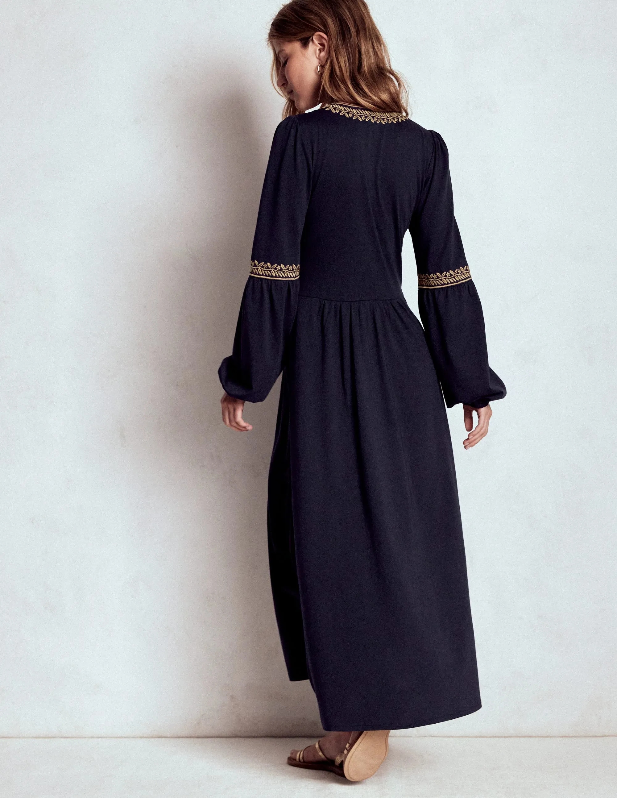 V-Neck Blouson Midi Dress-Navy Polished Attire Fall Layers