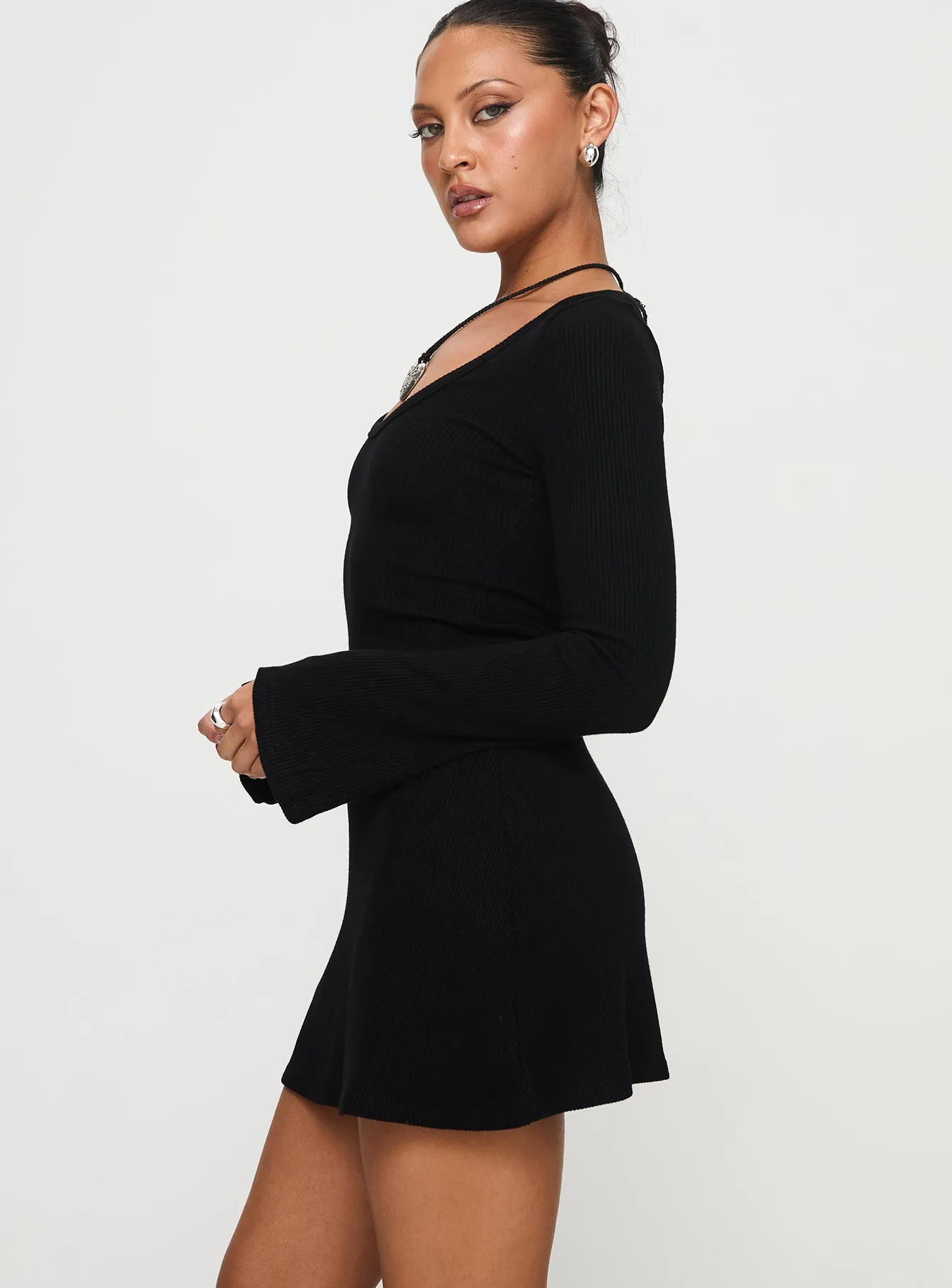 Best Interest Long Sleeve Mini Dress Black Match Fast