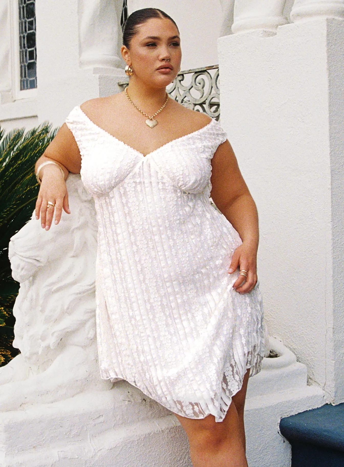 Floral Look Trendy Edge Breezy Off The Shoulder Mini Dress White Curve
