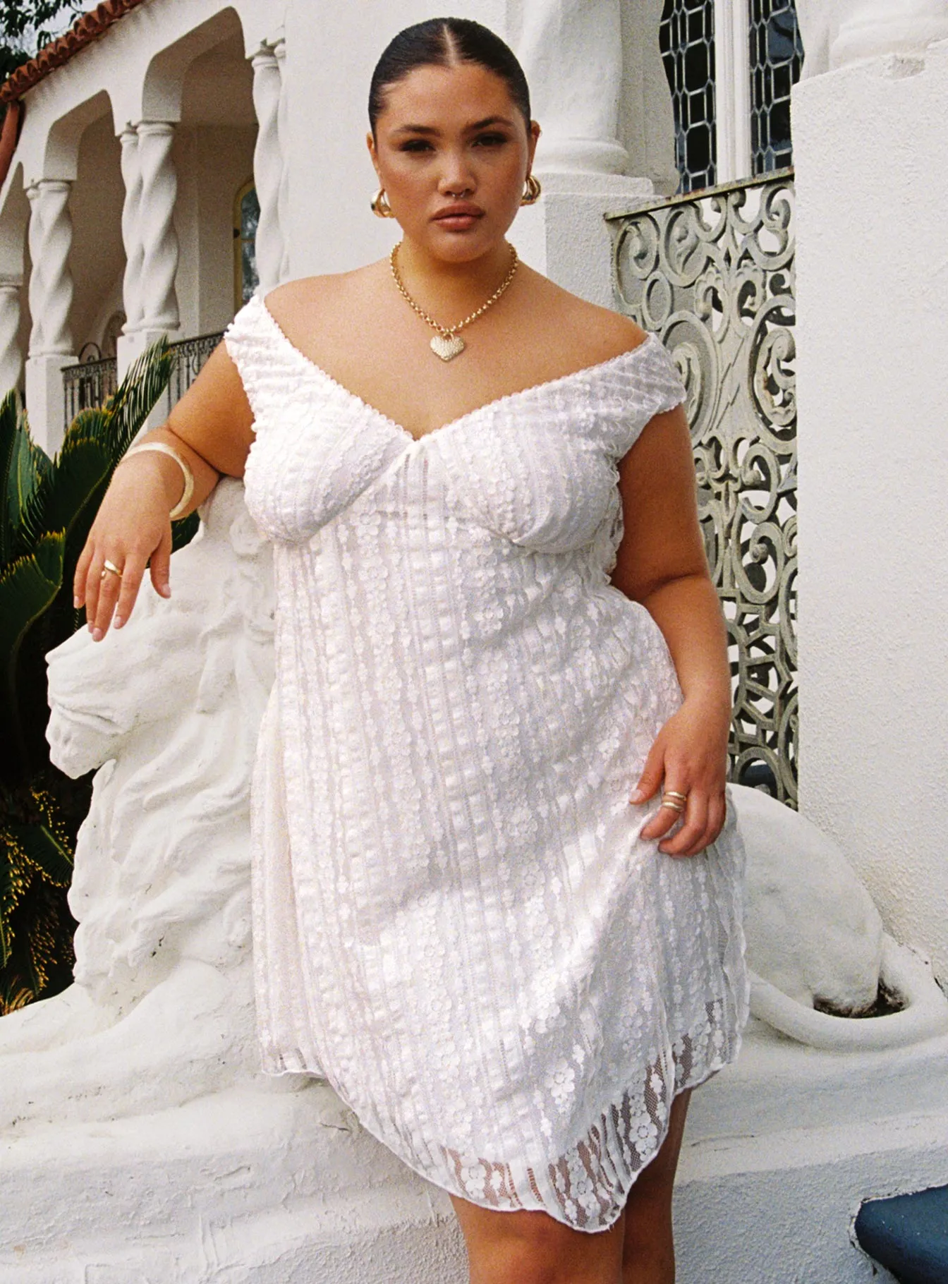 Breezy Off The Shoulder Mini Dress White Curve Crop Cut Shiny Tone