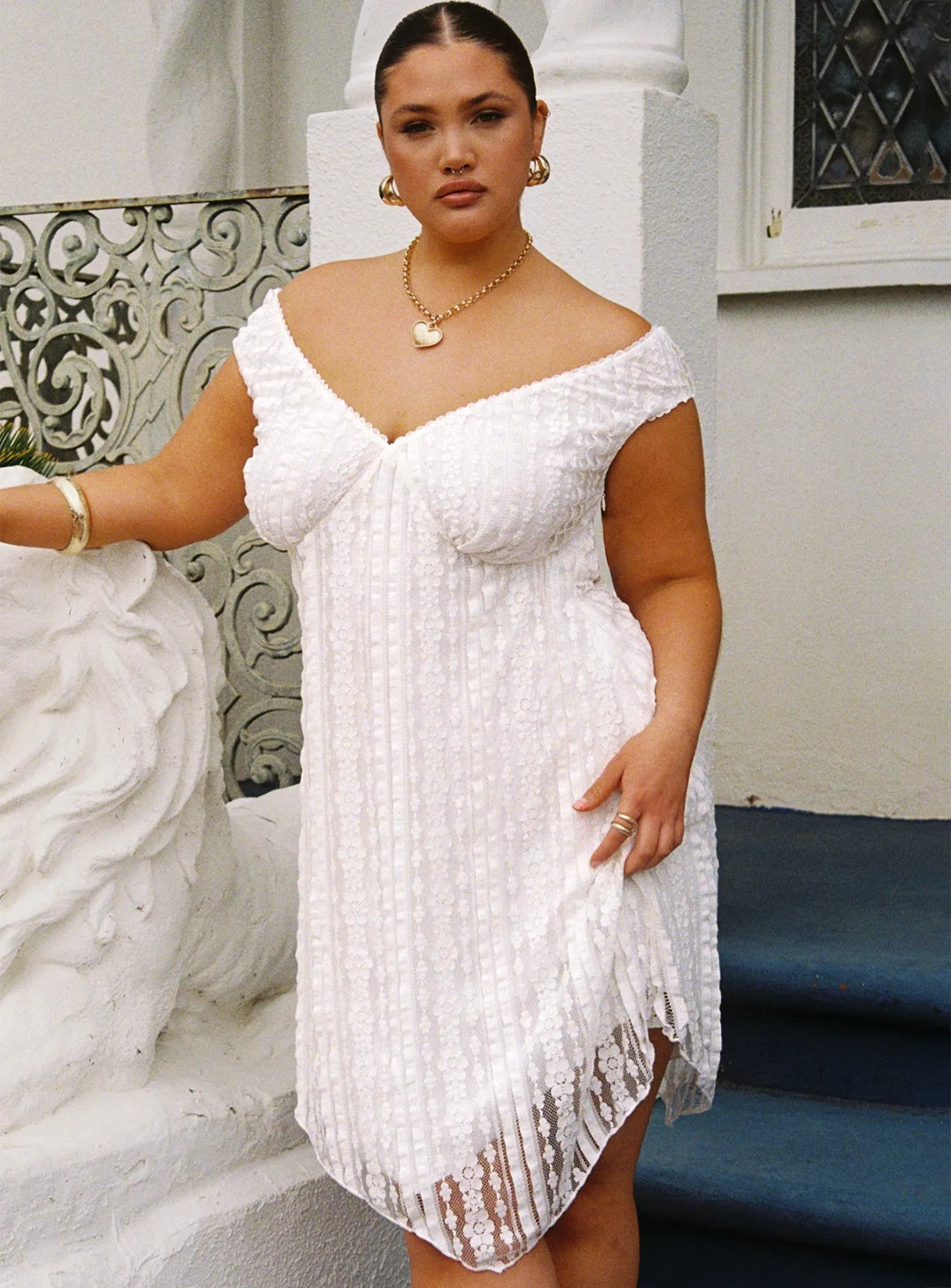 Wide Range Motion Breezy Off The Shoulder Mini Dress White Curve
