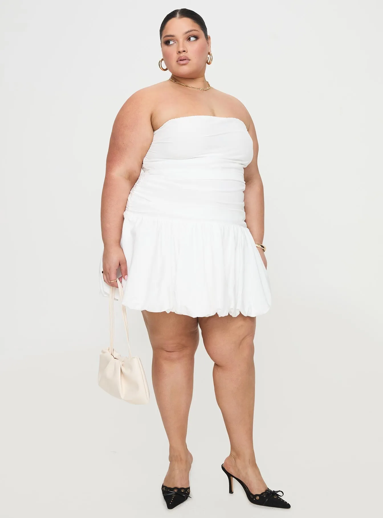 Vibrant Look Glow Soft Glamour Girl Strapless Bubble Hem Mini Dress White Curve