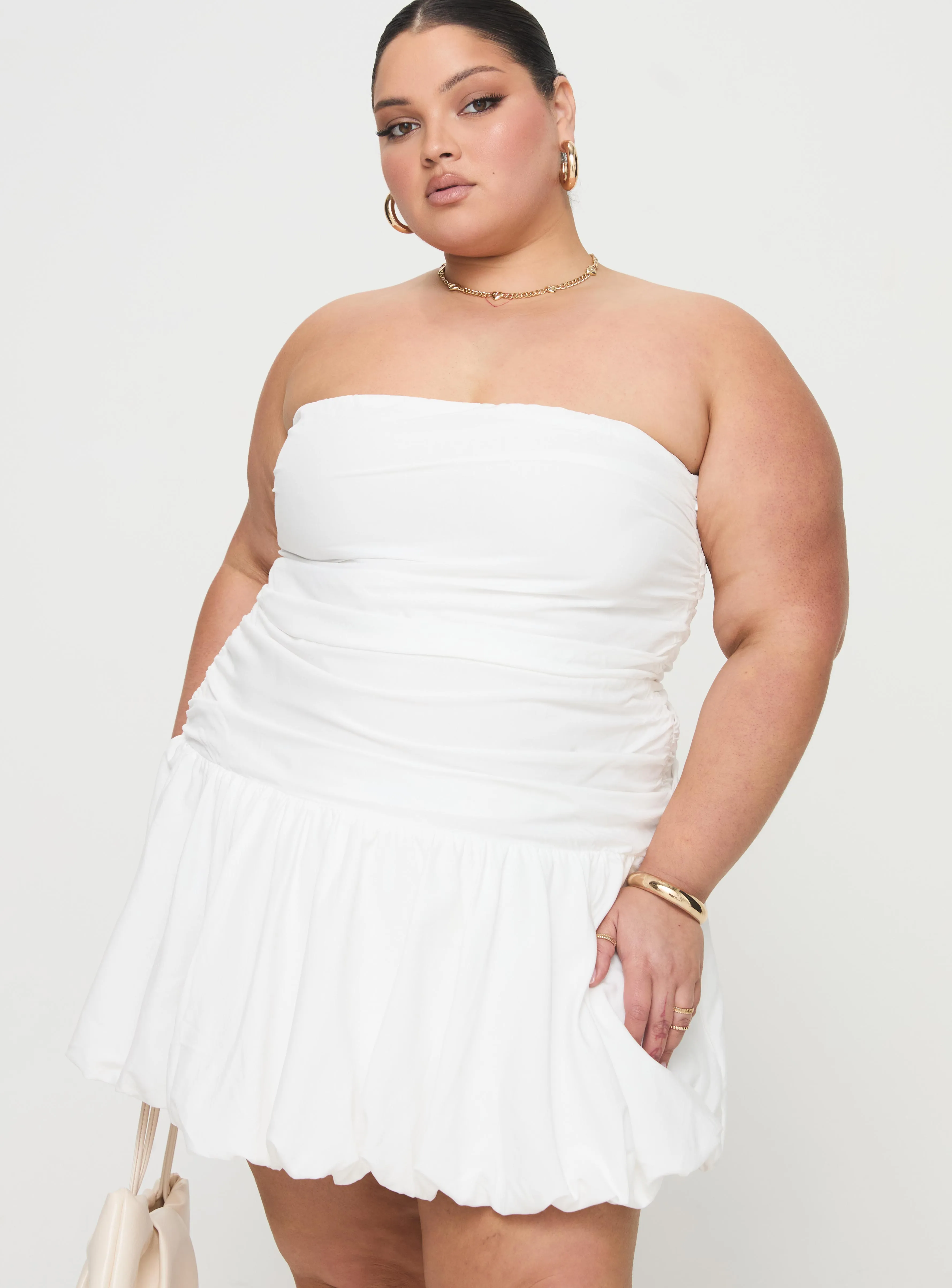 Pop Light Glamour Girl Strapless Bubble Hem Mini Dress White Curve