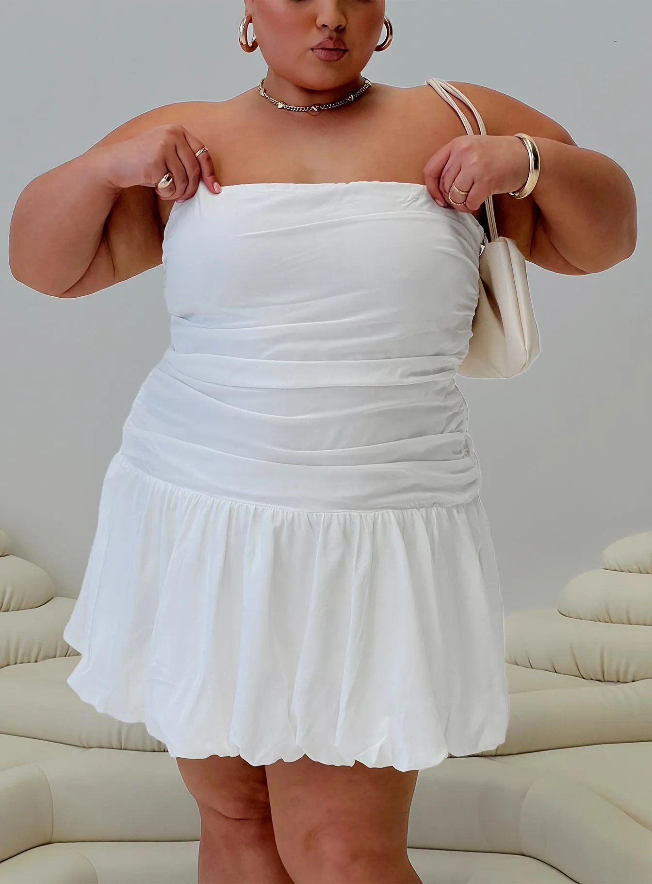 Glamour Girl Strapless Bubble Hem Mini Dress White Curve Pose Glow Star Pop