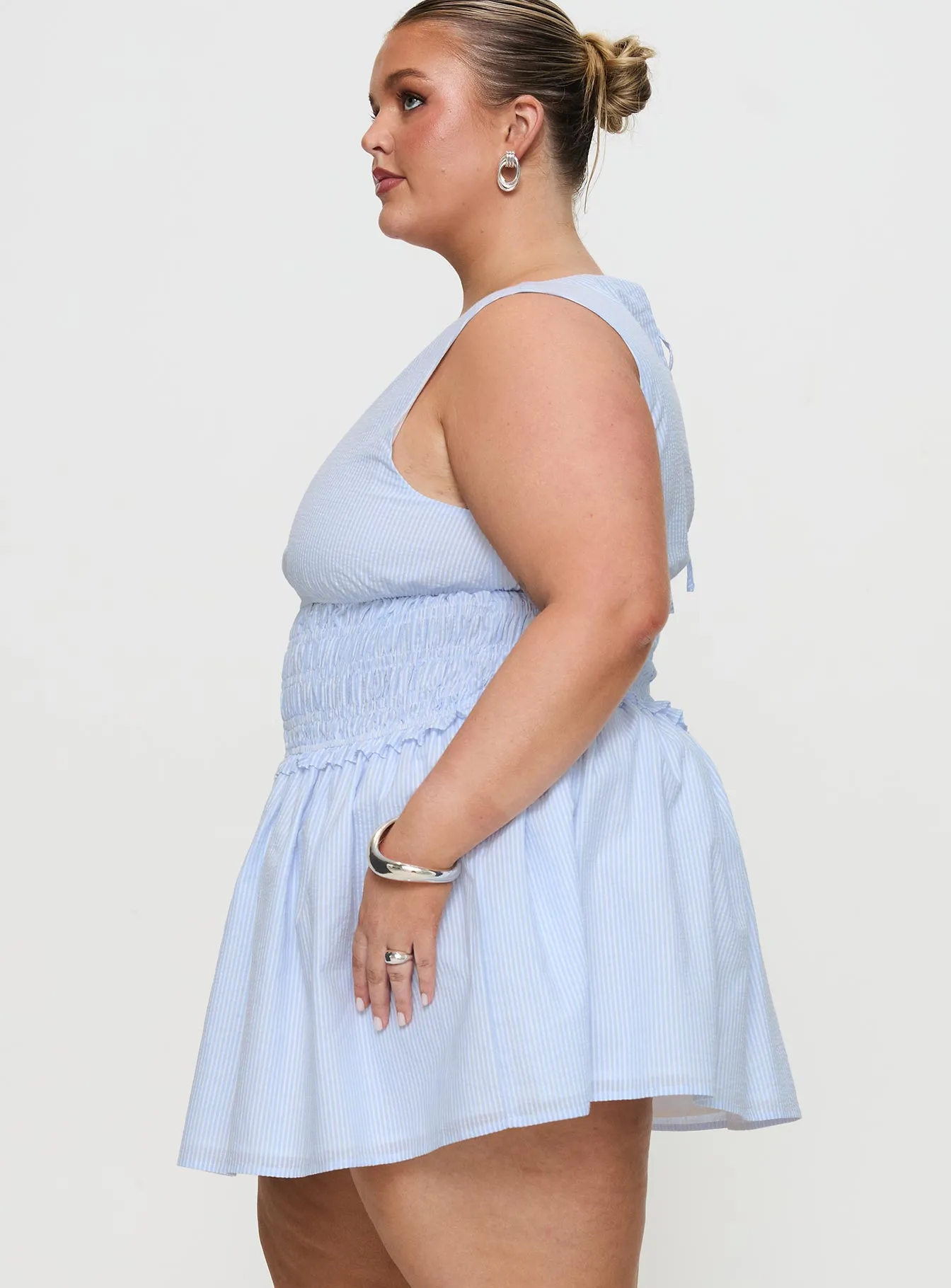 Smooth Elastic Yennifer Shirred Mini Dress Blue / White Curve
