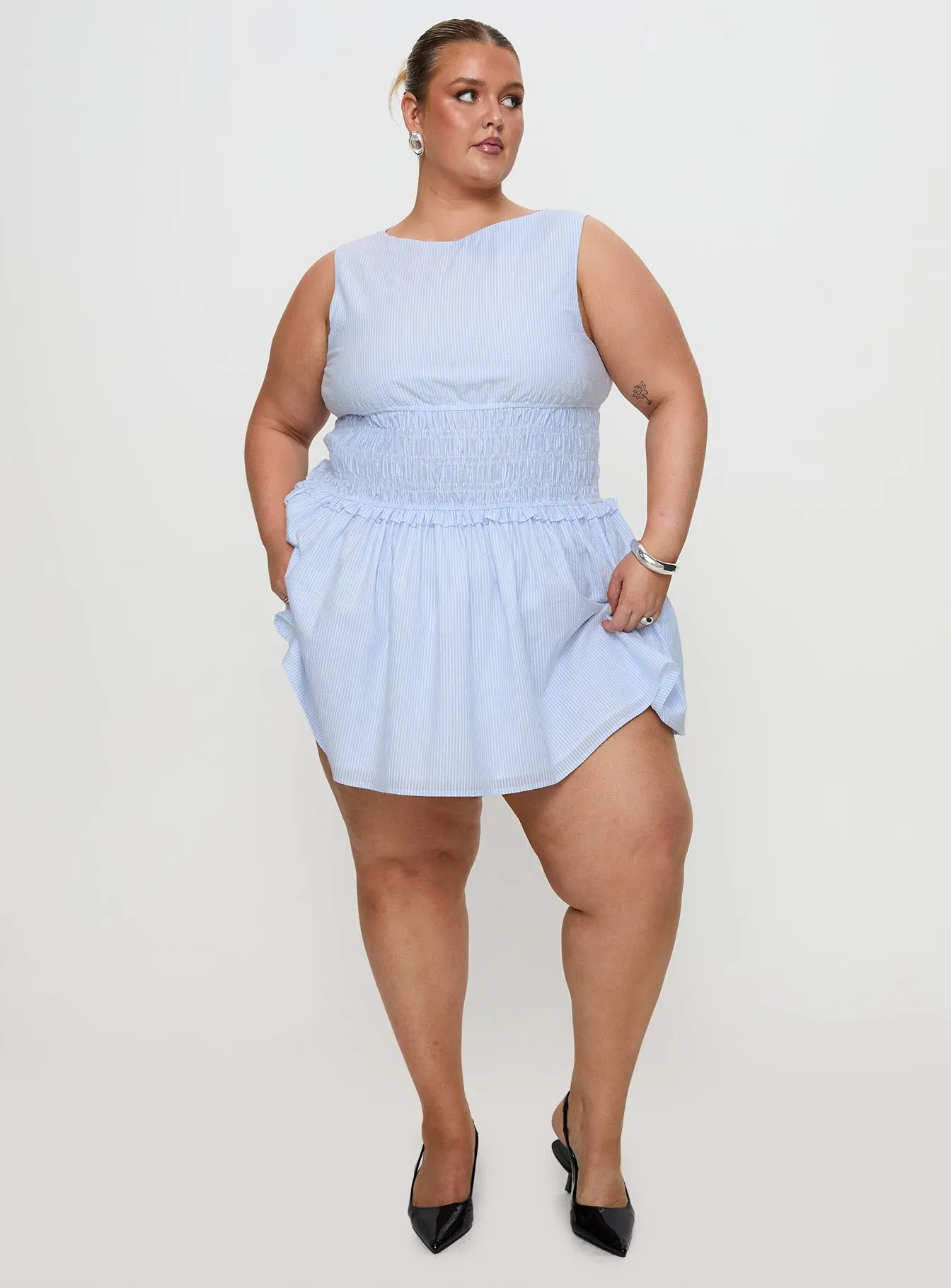 Bar Pop Yennifer Shirred Mini Dress Blue / White Curve
