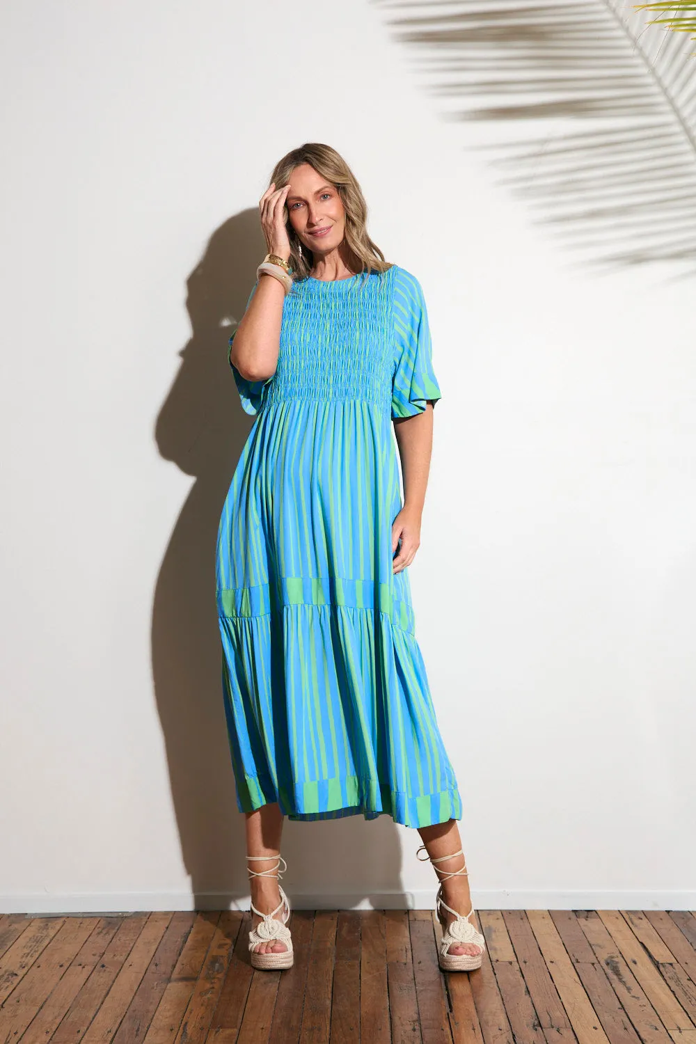 Minden Shirred Dress in Tropical Spring Airy Shape Elegant Layers