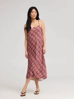 Wood Deck Plaid Midi Satin Slip Dress