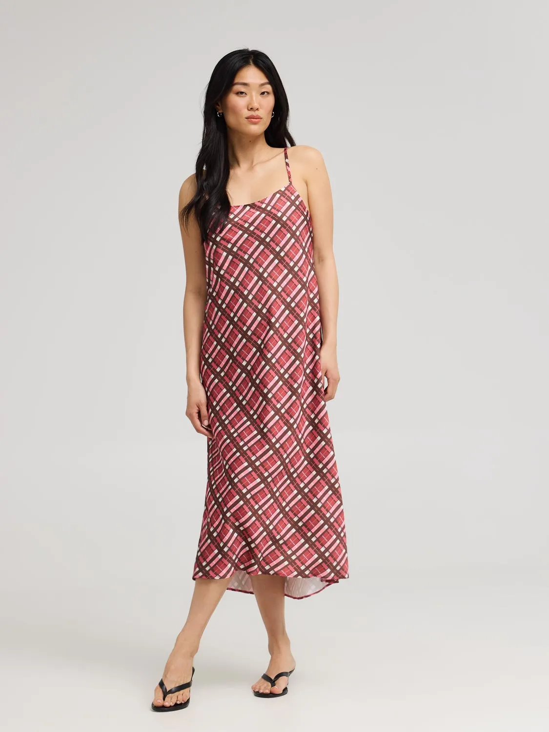 Parisian Touch Elegant Details Plaid Midi Satin Slip Dress
