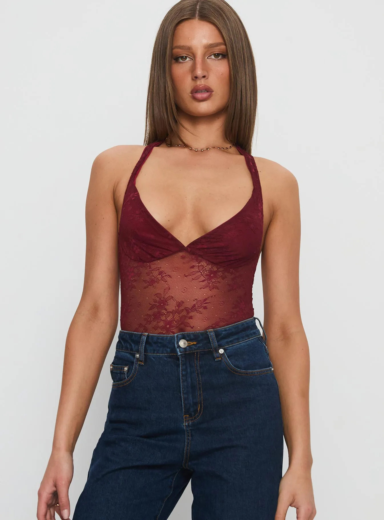 Premium Kids Kaitlen Sheer Bodysuit Maroon