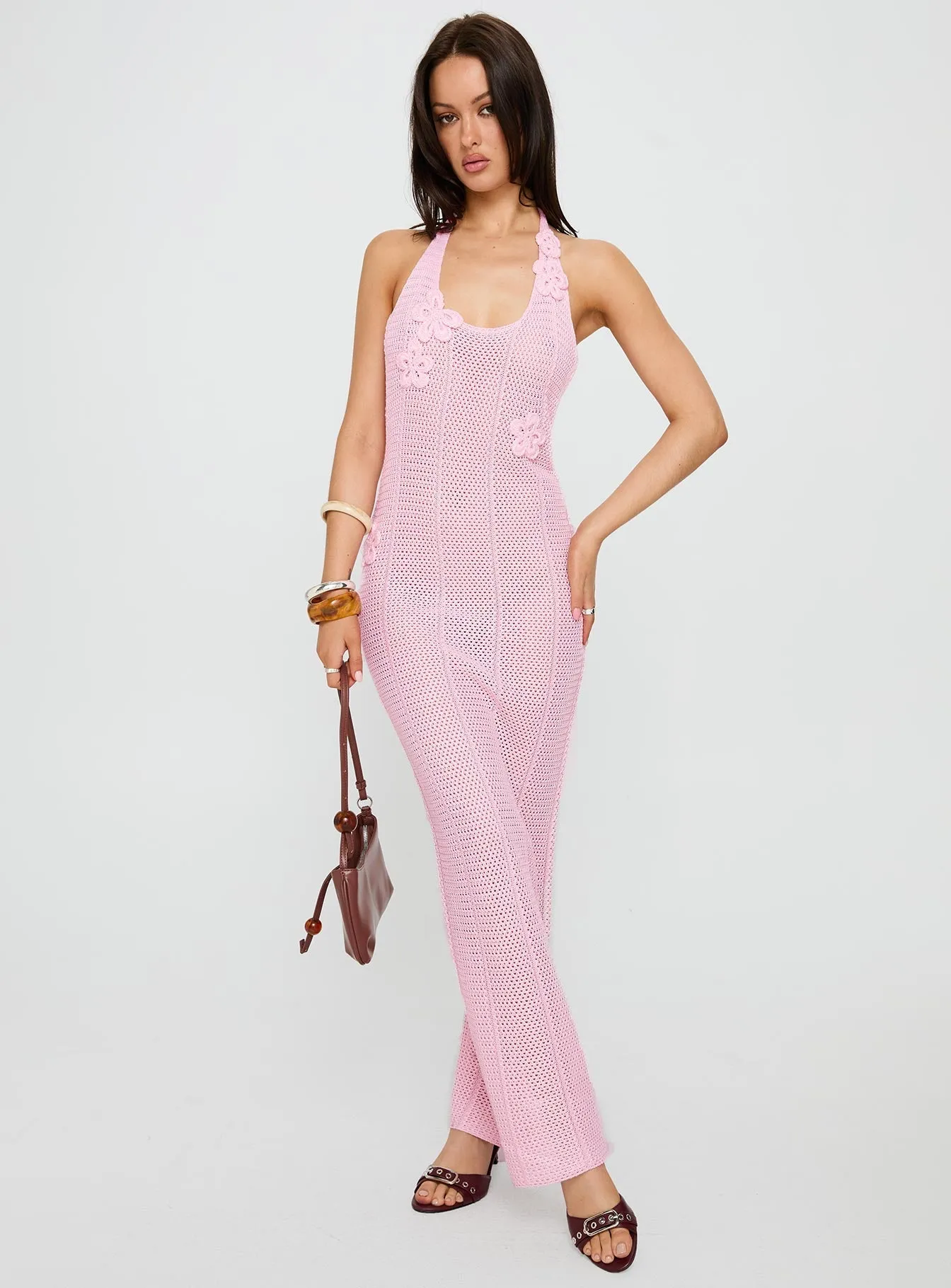 Nalanie Halter Crochet Maxi Dress Pink Short Sleeve Versatile maxi with accessories
