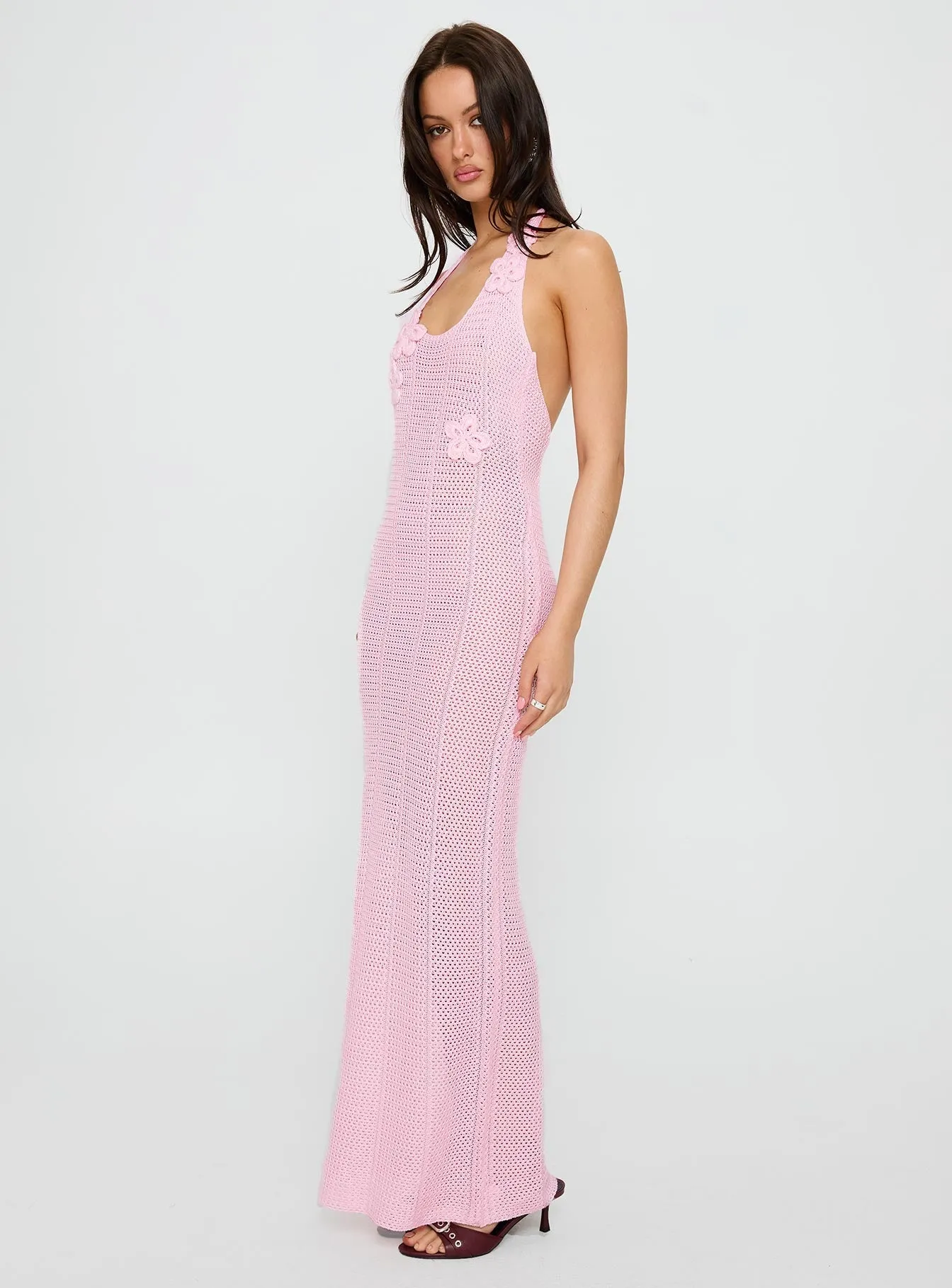 Designed for versatility this maxi dress works for both formal and casual settings Nalanie Halter Crochet Maxi Dress Pink