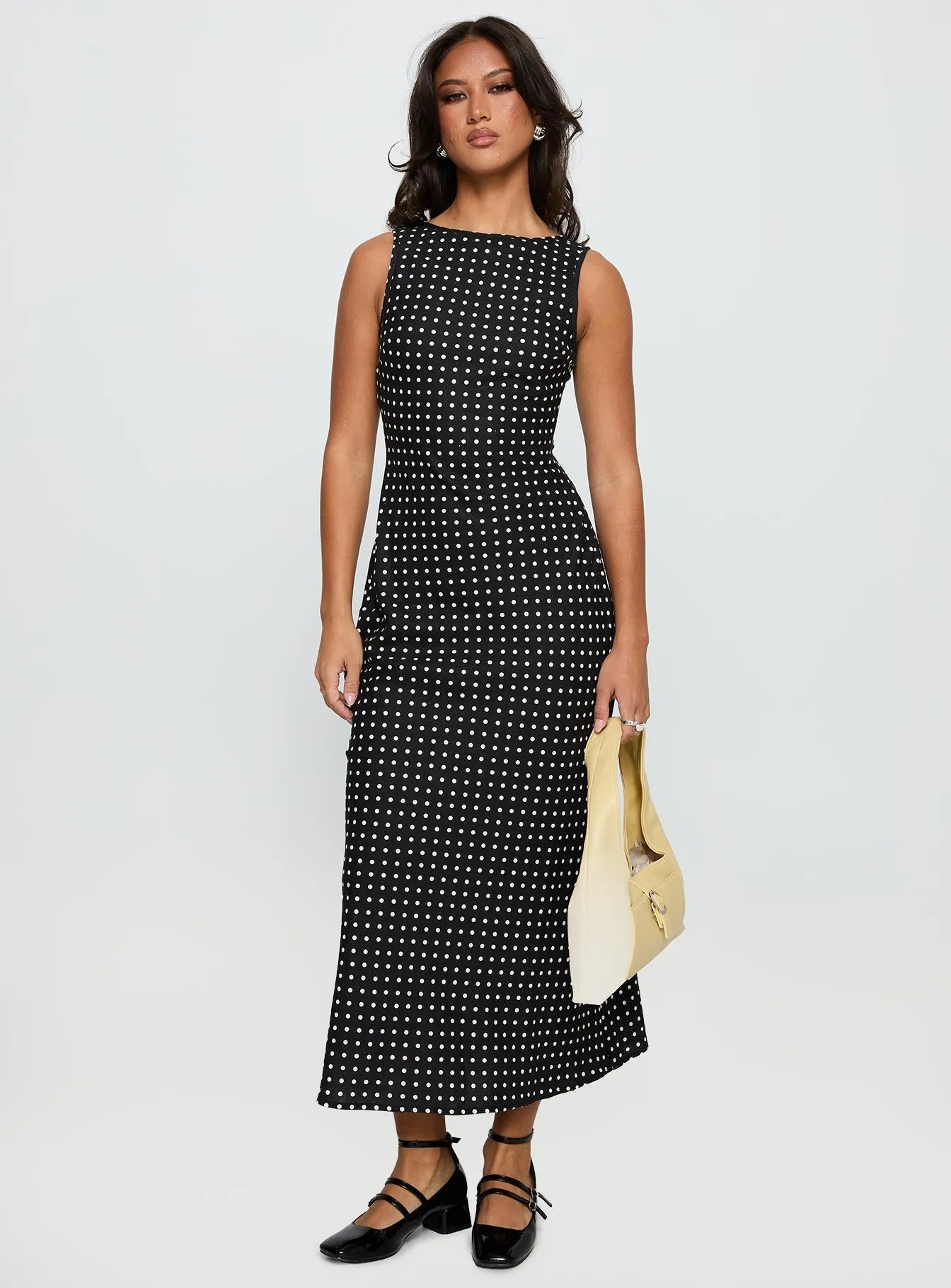 Voyager Linen Blend Midi Dress Black Polka Garden View