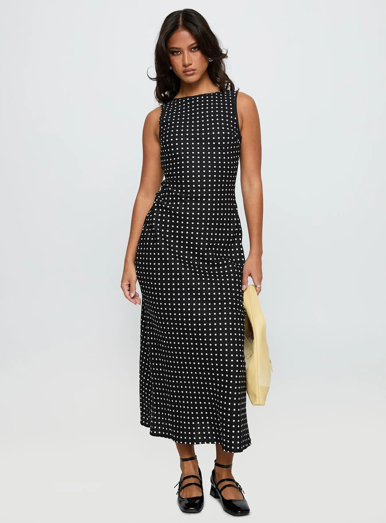 Voyager Linen Blend Midi Dress Black Polka Flare Bottom
