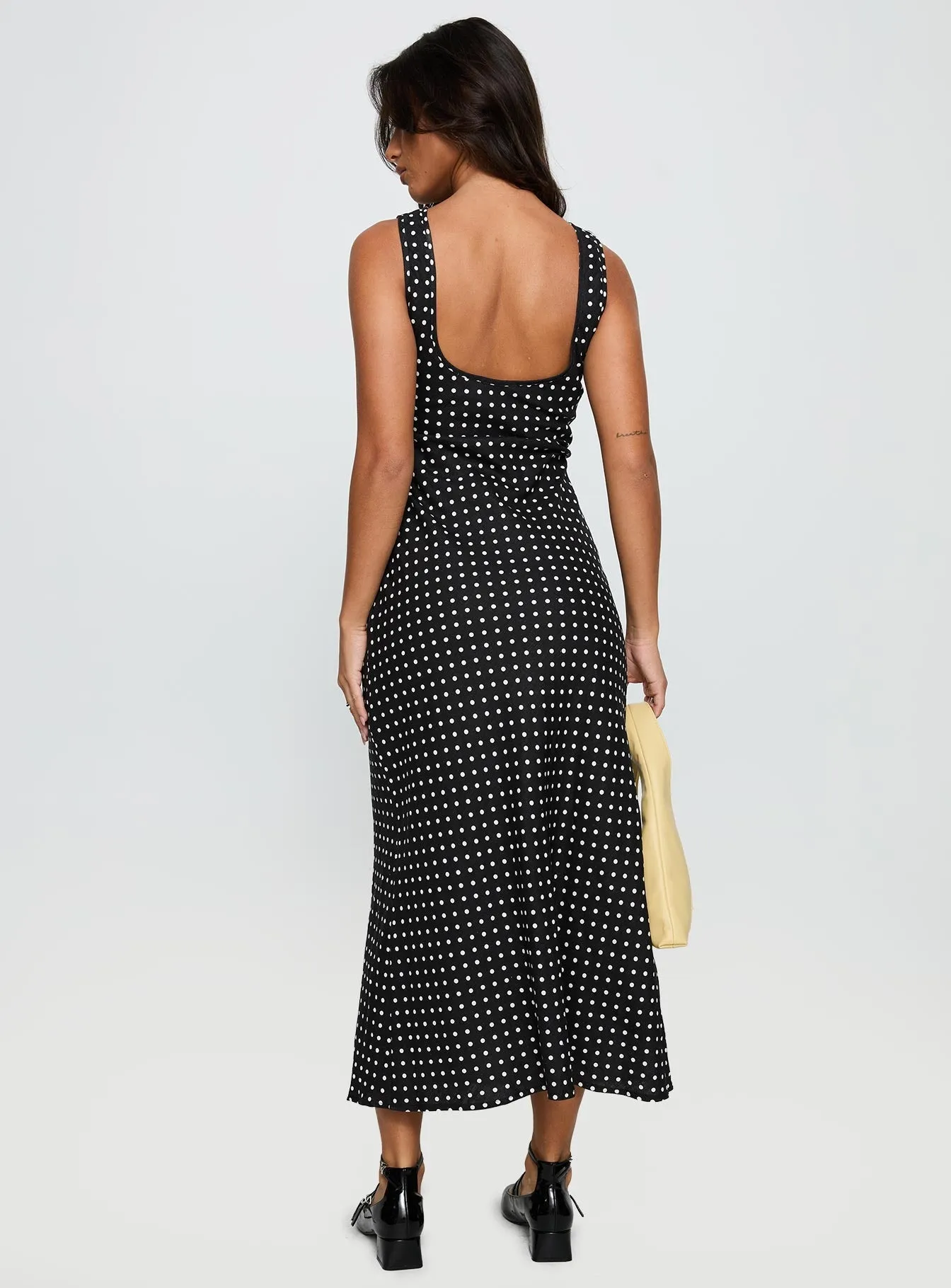Voyager Linen Blend Midi Dress Black Polka Dot Play Canvas Glow