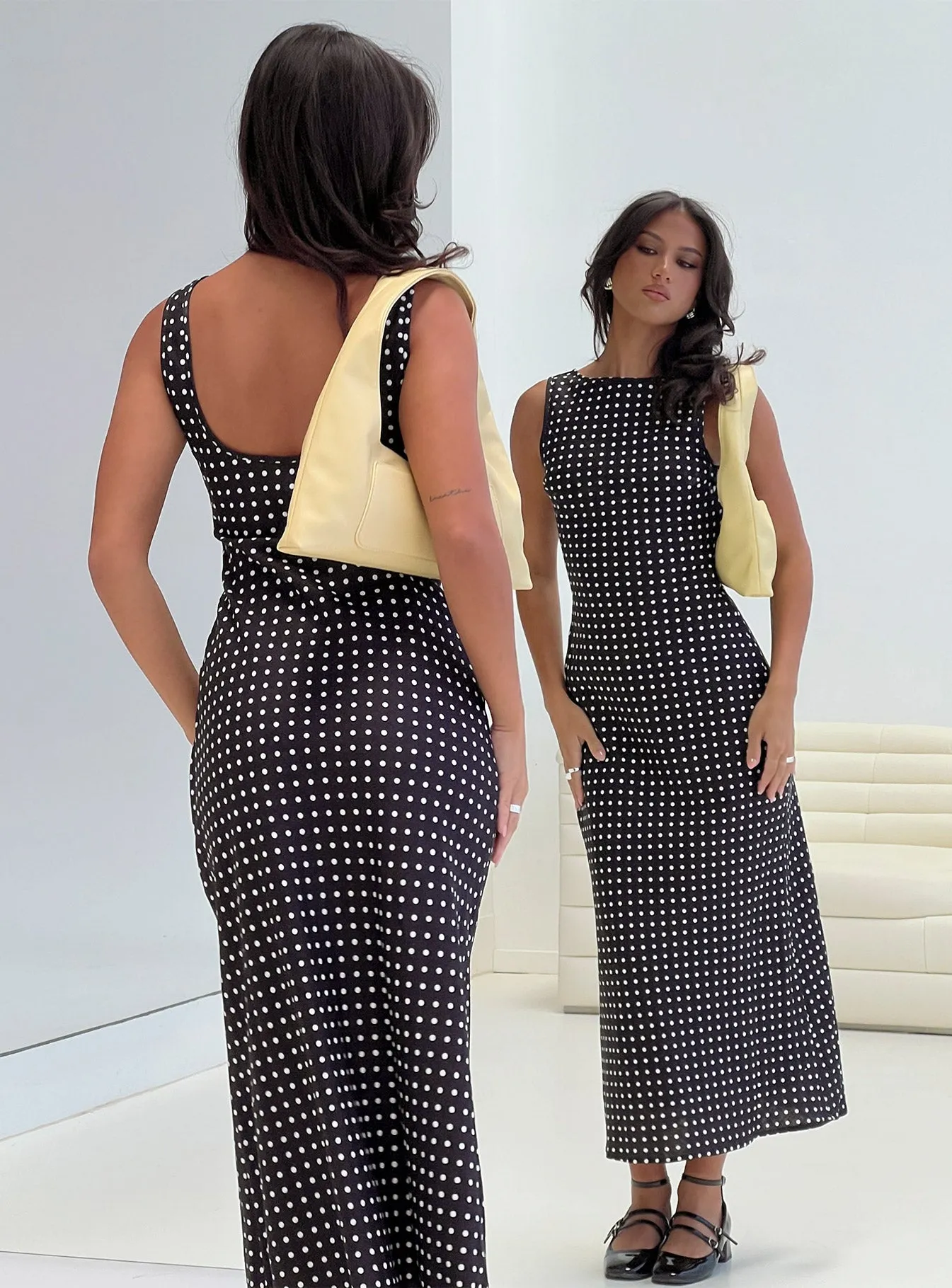 Voyager Linen Blend Midi Dress Black Polka Minimal Line