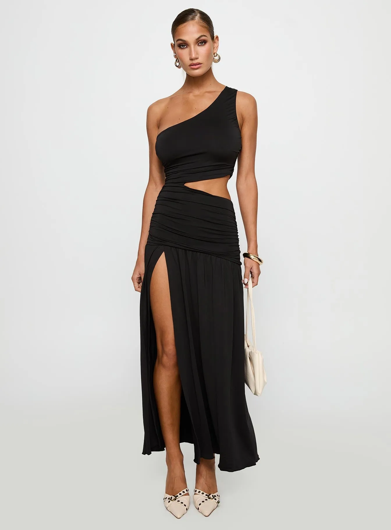 Magnetize Ruched Maxi Dress Black Peach Soft Soft drape summer gown