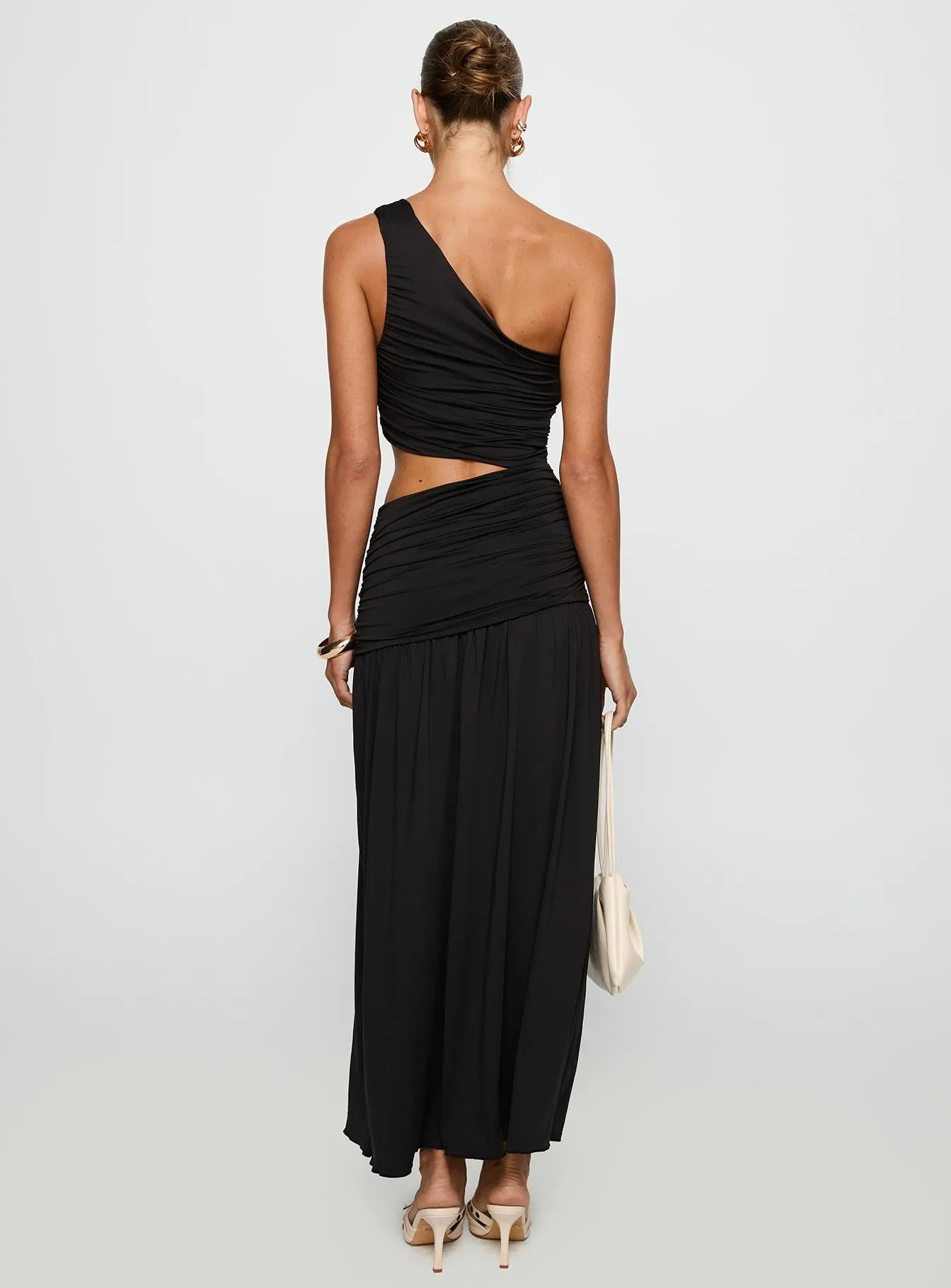 Magnetize Ruched Maxi Dress Black Soft drape summer gown Jade Shine