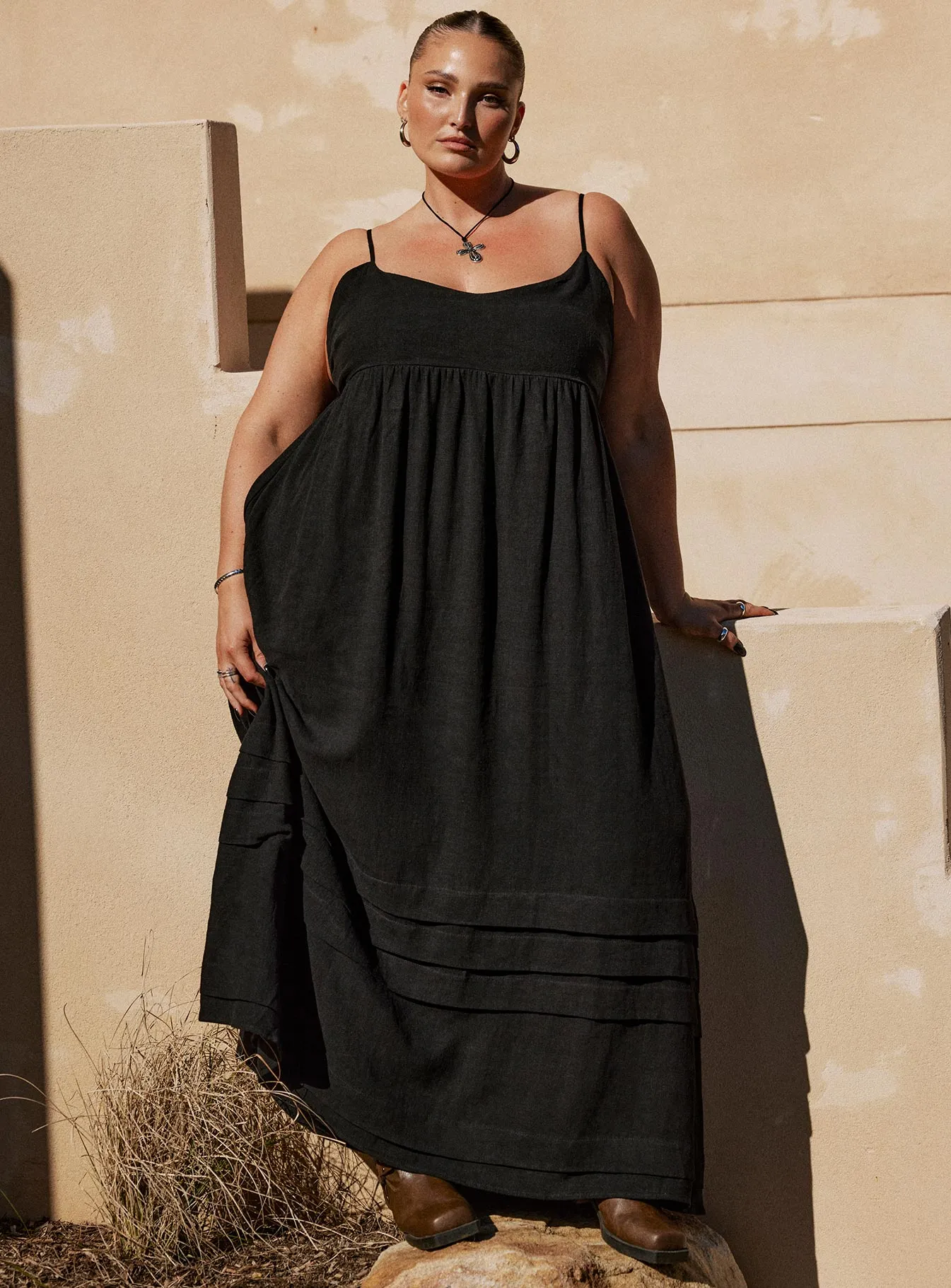 Milden Linen Blend Maxi Dress Black Curve Evening Chic Deep V