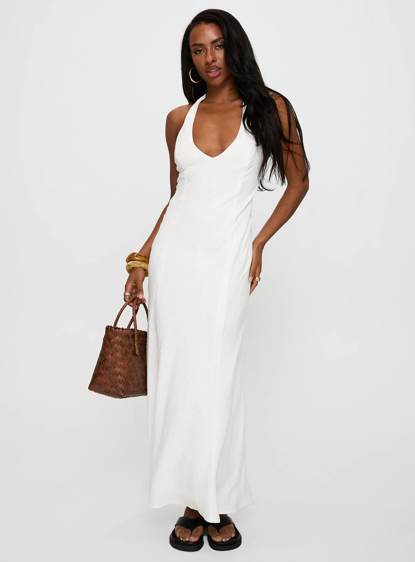 Salone Linen Halter Maxi Dress White Emerald Glow Purple Mist