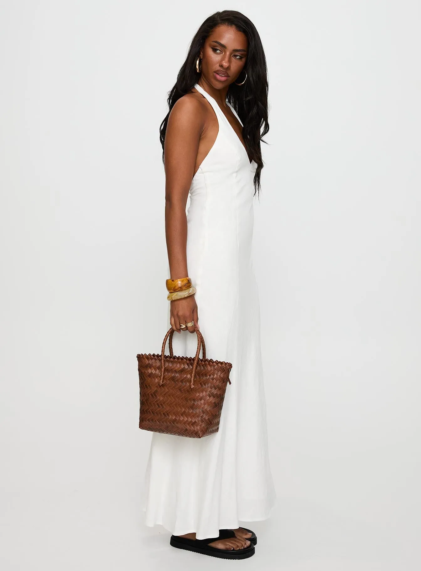 Fashion-forward long piece Salone Linen Halter Maxi Dress White