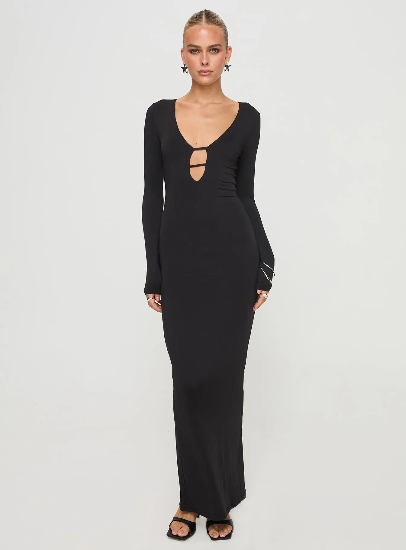 Happy Vibe Linen Glow Lasan Long Sleeve Maxi Dress Black