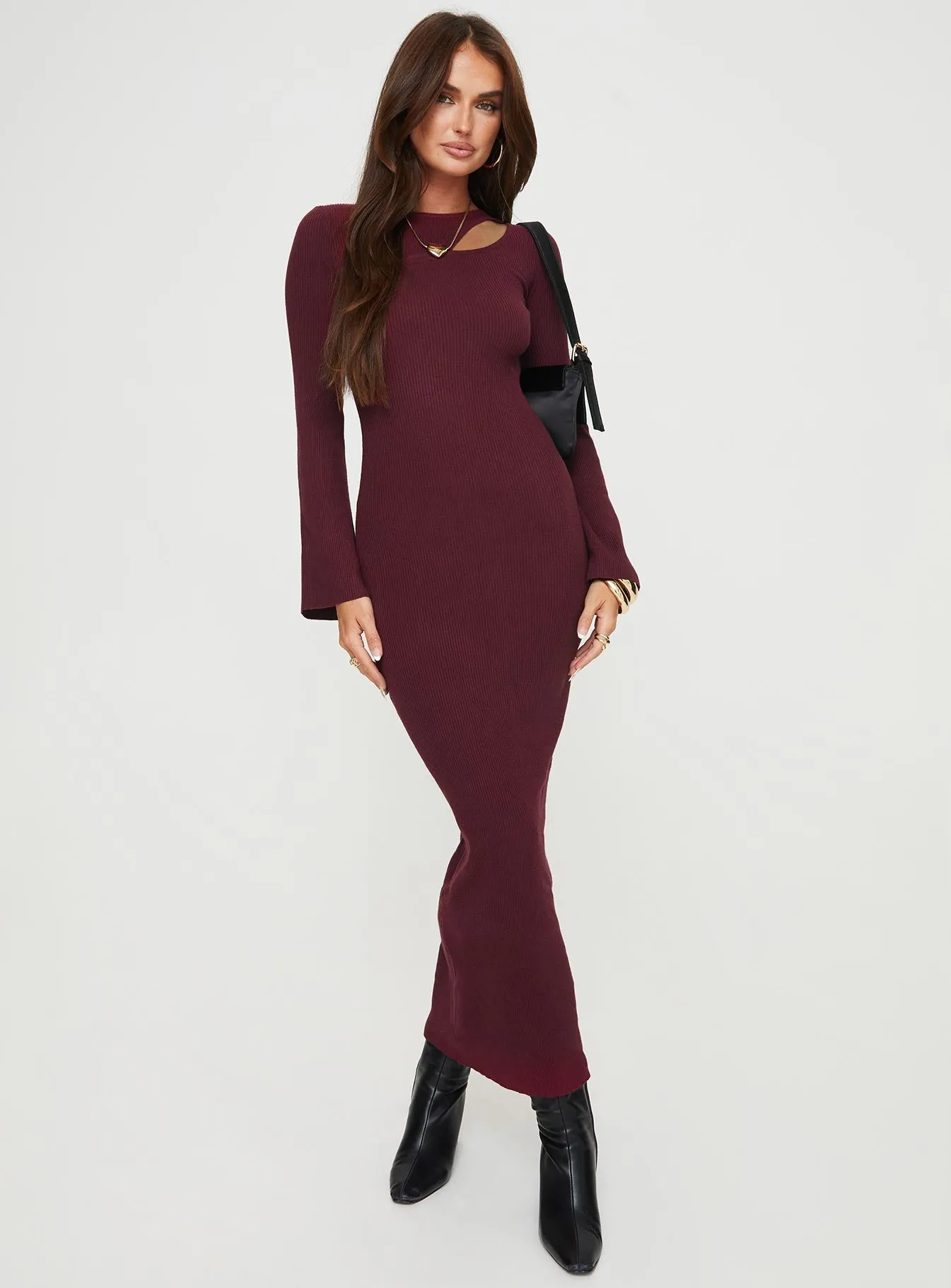 Rydelle Cut Out Knit Maxi Dress Maroon Rock Shore