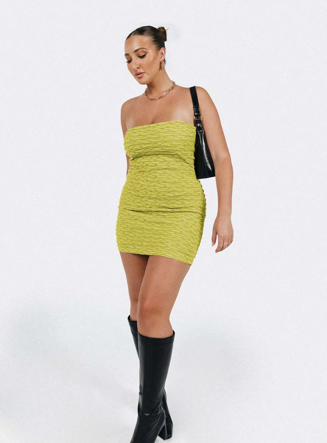 Light Charm Diagonal Draping Effect Cecile Strapless Mini Dress Green
