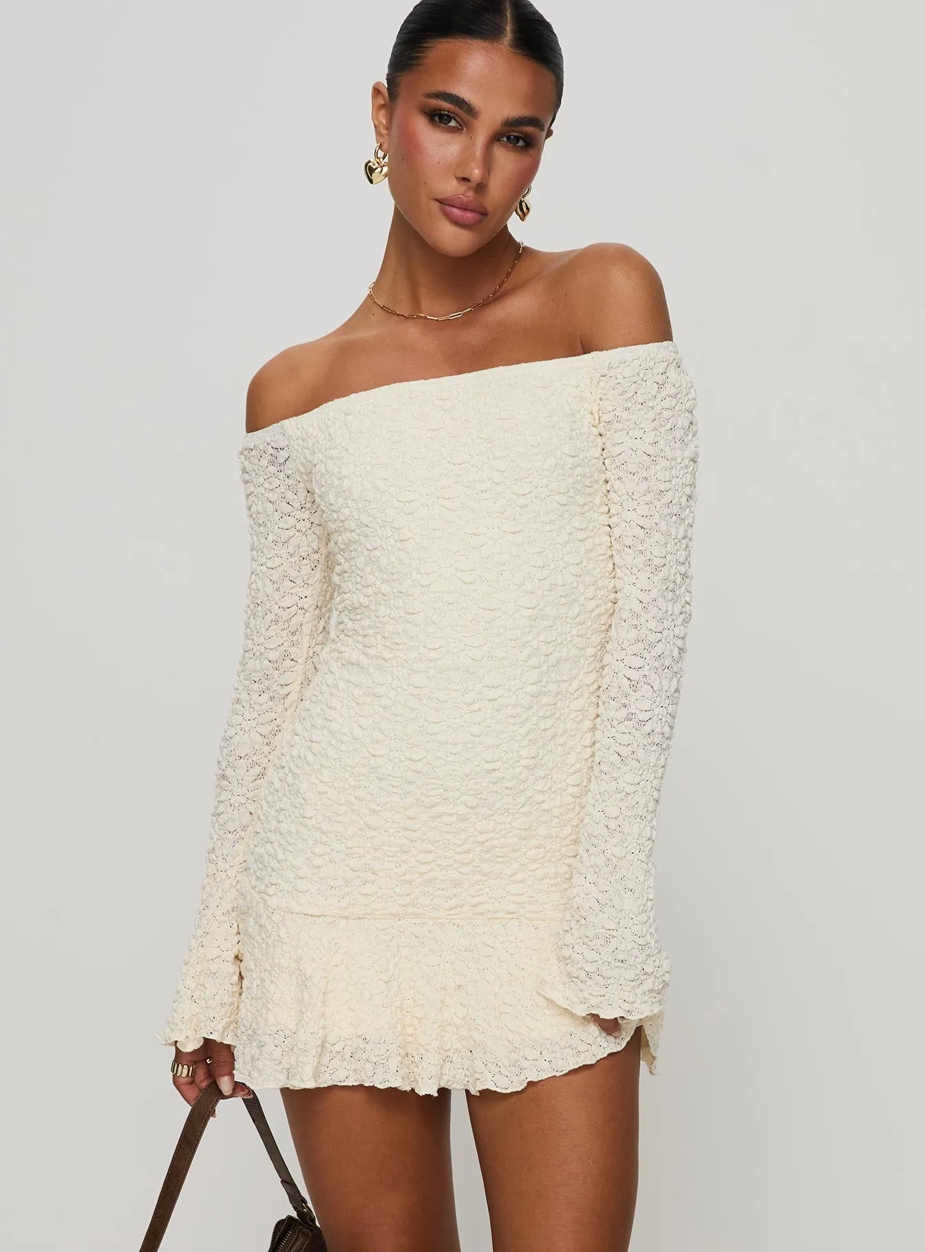 Street Fashion Scene Hot Vancesca Long Sleeve Mini Dress Cream
