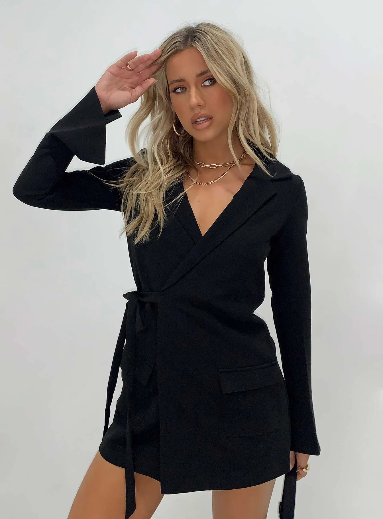 Kyah Wrap Blazer Dress Black Shine Warm