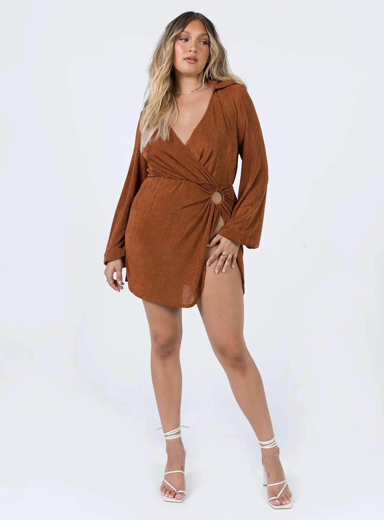 Karley Wrap Mini Dress Brown Invisible Zipper Closure Glow Queen