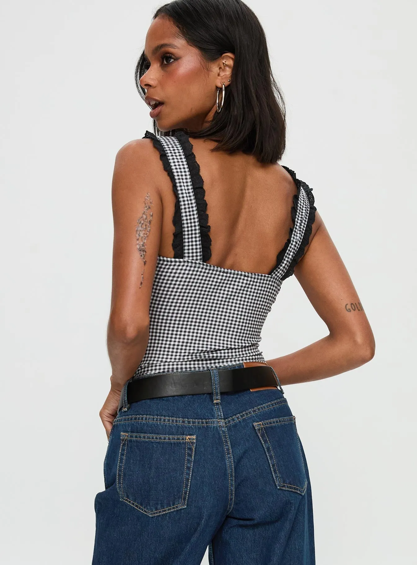 Trustfund Lace Trim Bodysuit Black / White Check Smart Outdoor