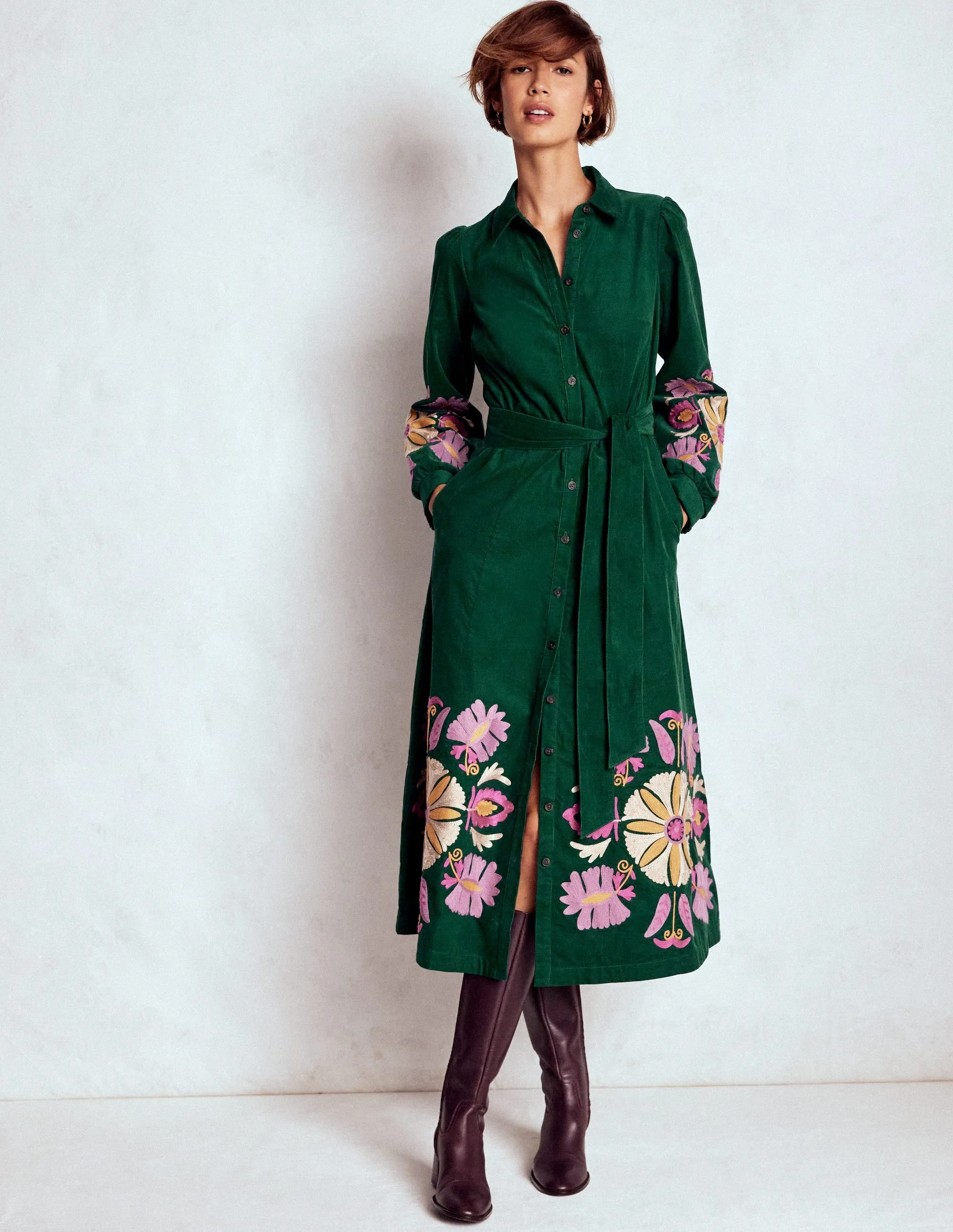 Vibrant Style Clara Cord Midi Dress-Emerald Night, Embroidery