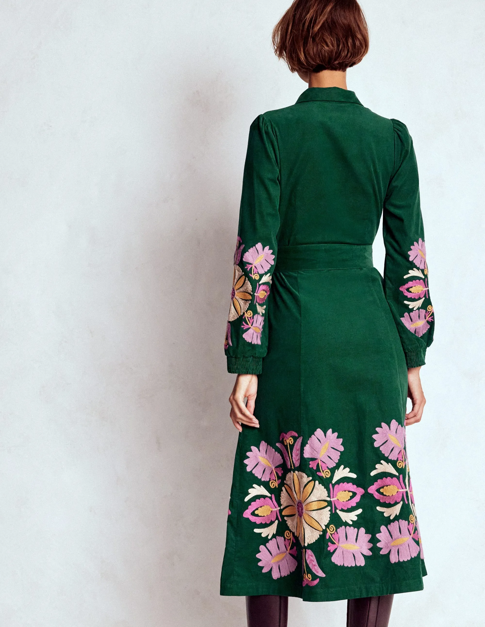 Clara Cord Midi Dress-Emerald Night, Embroidery pack light Modern Muse