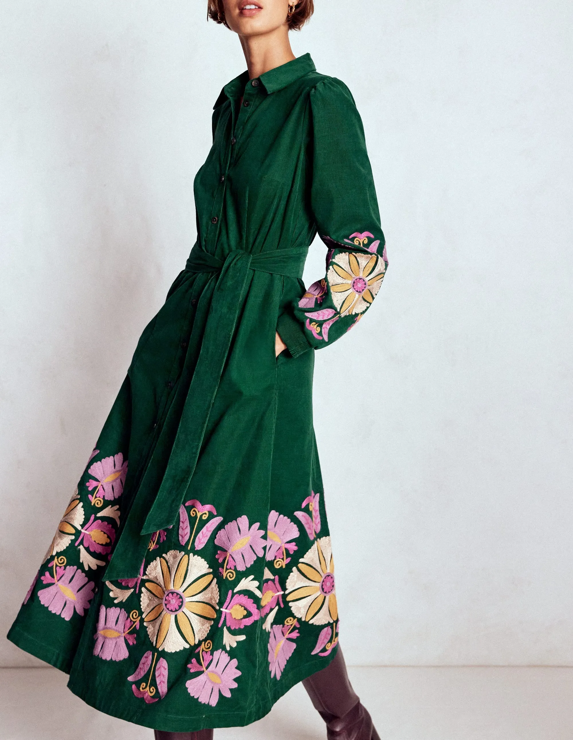 Self expression Clara Cord Midi Dress-Emerald Night, Embroidery