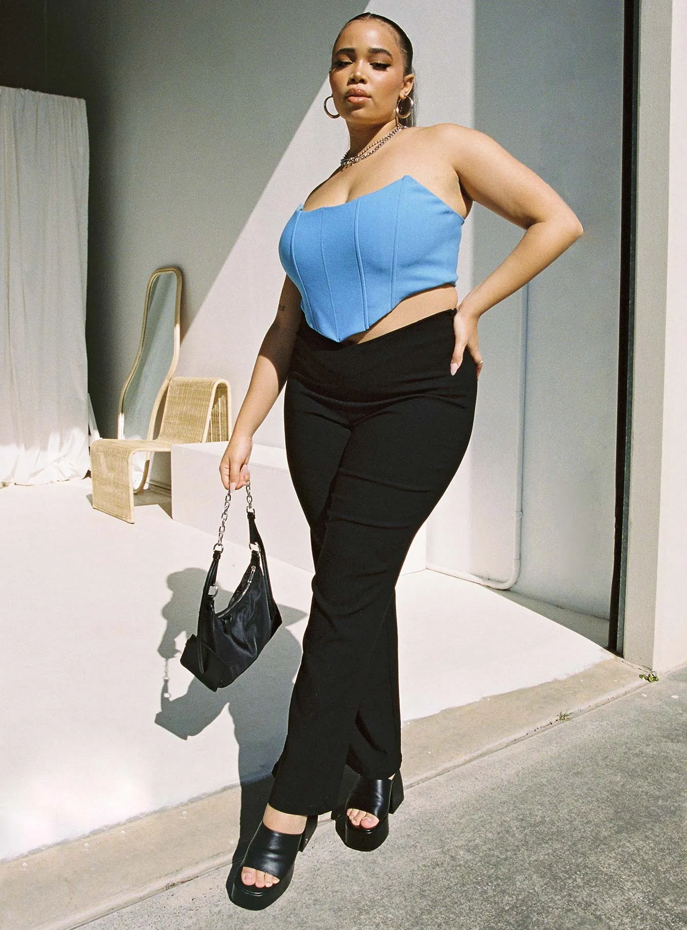 Carlie Top Blue Curve Friction Reducing Finish Textured Weave