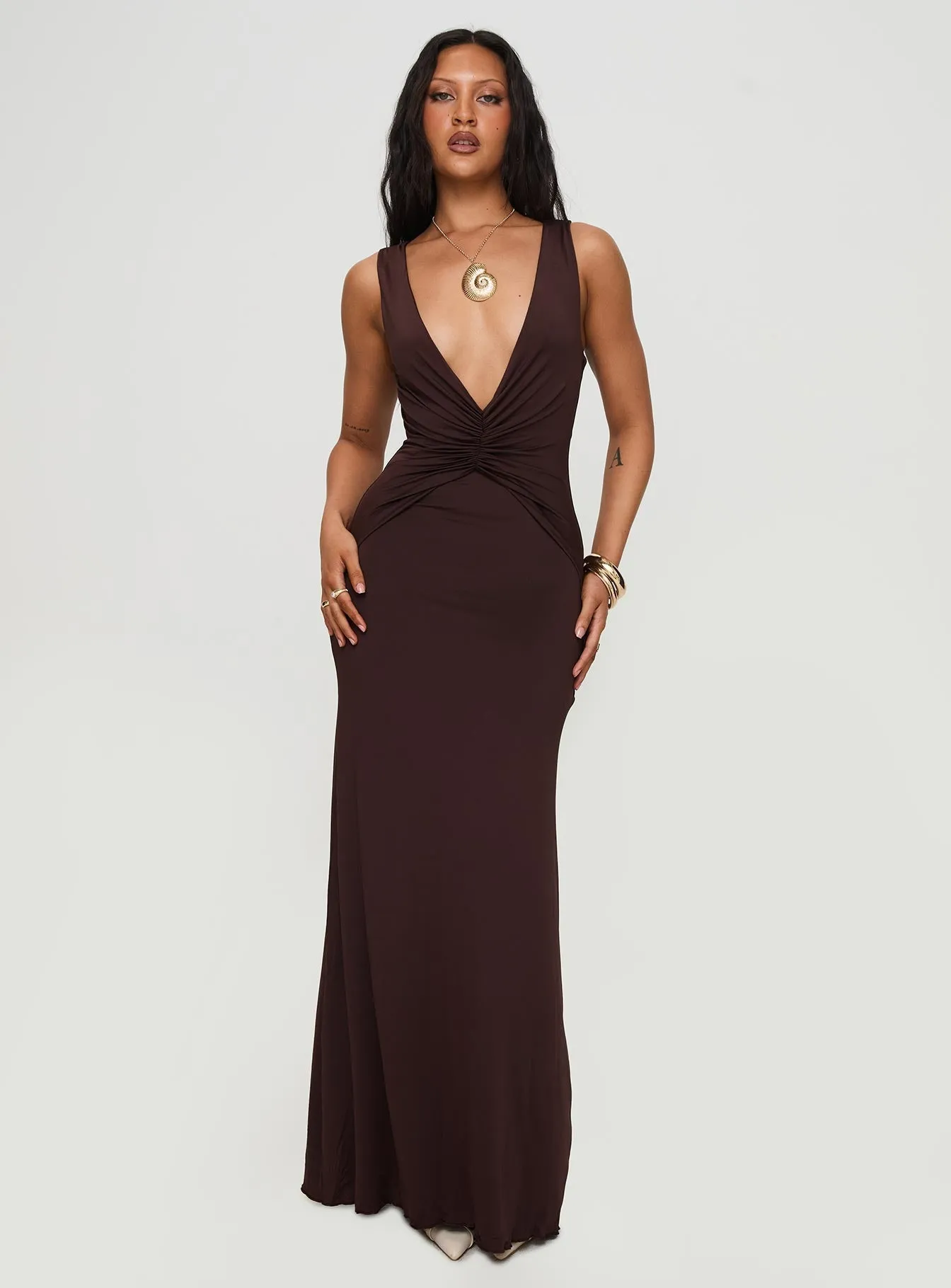 Frederica Plunge Maxi Dress Chocolate Petite Beach Walk Petal Rain