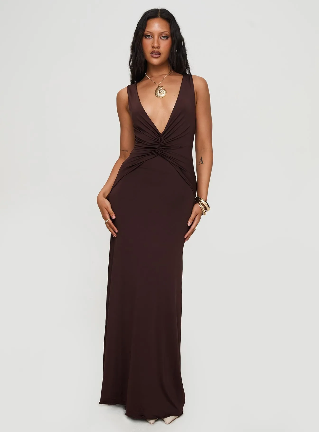 Frederica Plunge Maxi Dress Chocolate Petite Global Soul Stunning full-length outfit