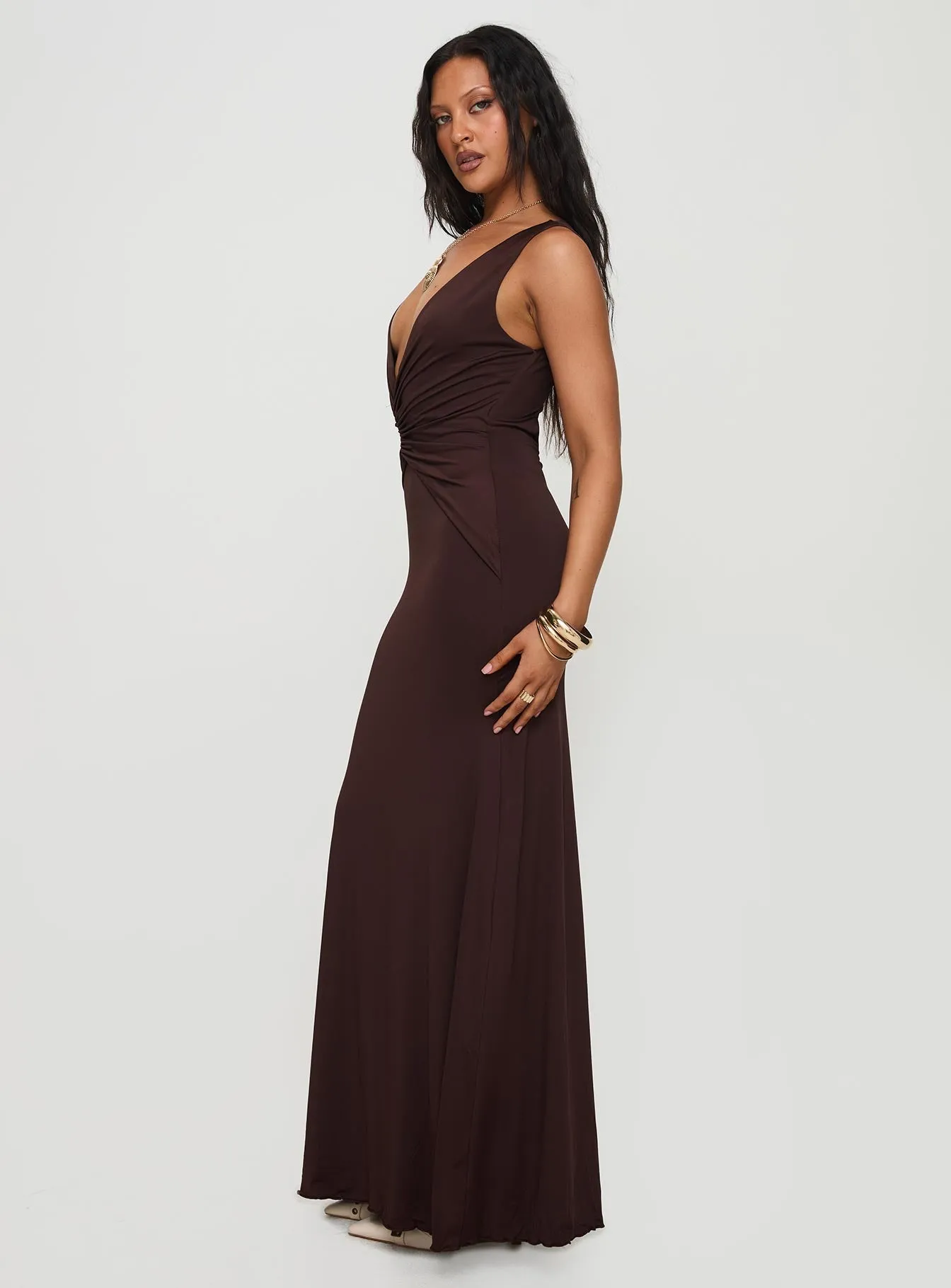 Frederica Plunge Maxi Dress Chocolate Petite Village Glow Orange Heat