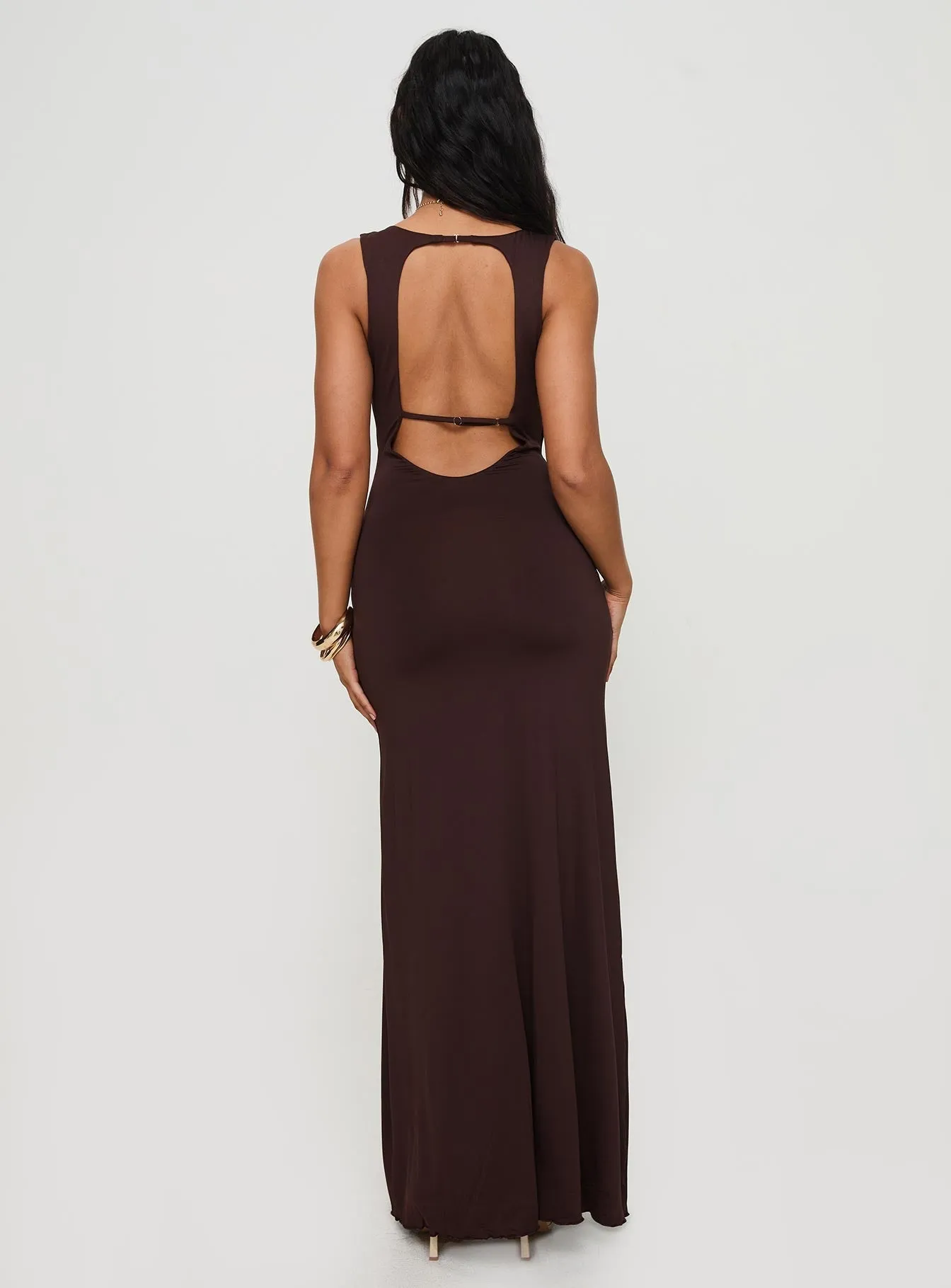 Frederica Plunge Maxi Dress Chocolate Petite Perfect for warmer months this dress provides a light and breezy fit without sacrificing style Urban View