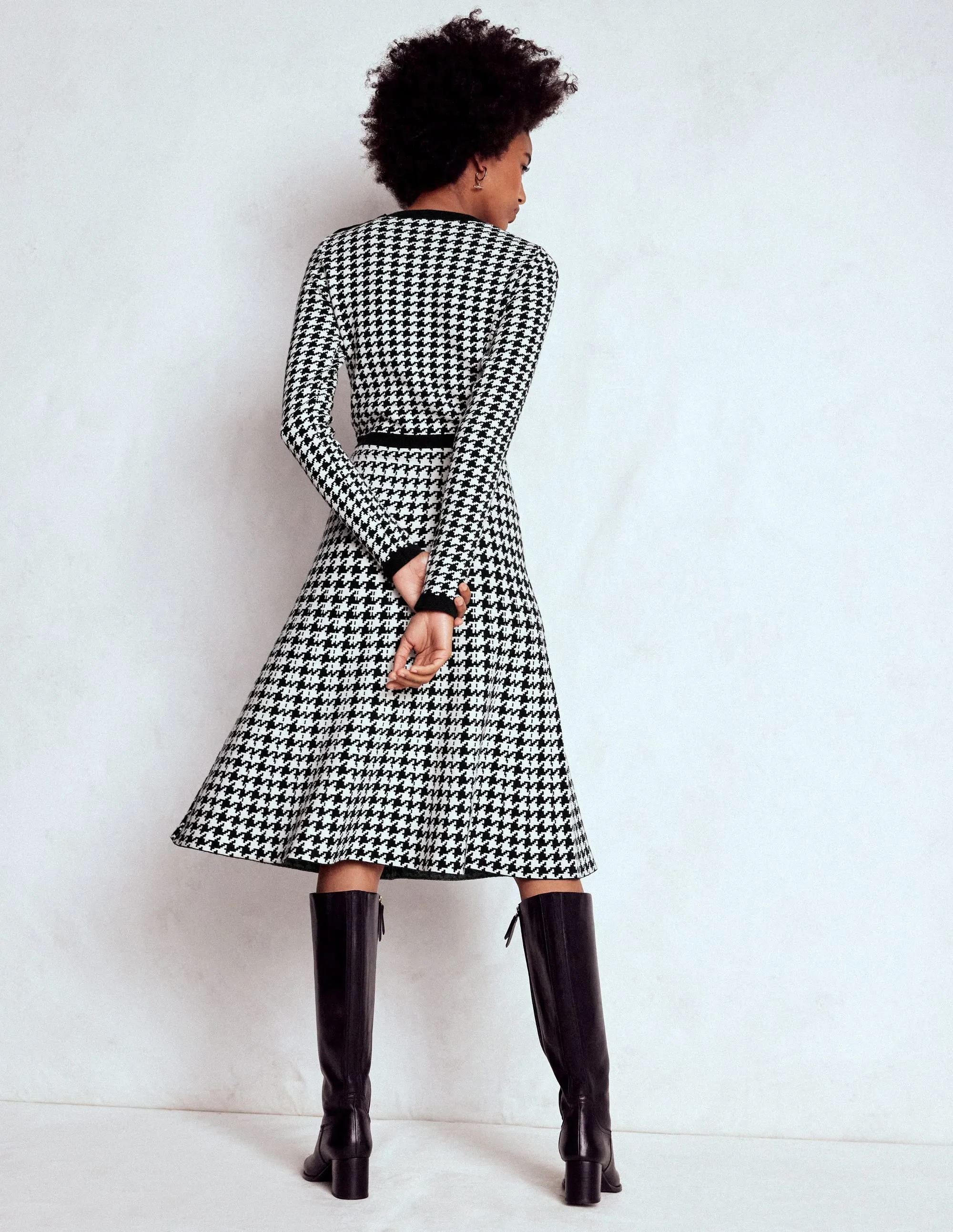 Flattering Style Maria Button Knitted Dress-Black and Ivory Dogstooth