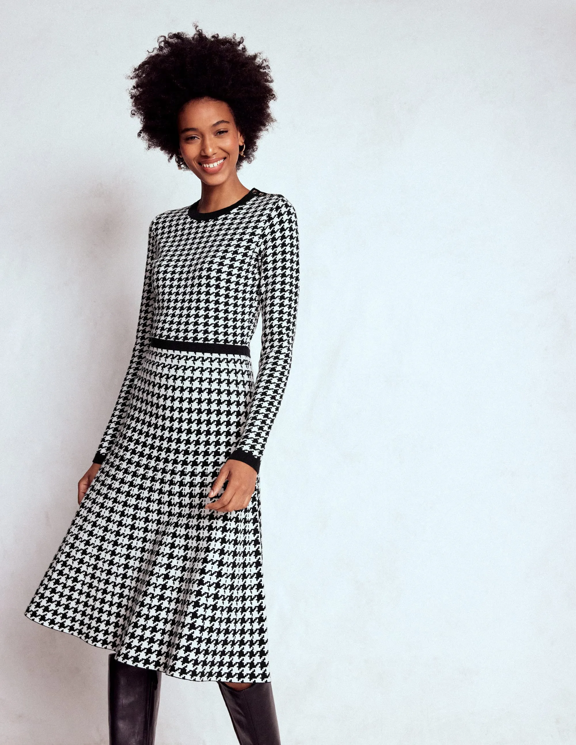 Relaxed Comfort Maria Button Knitted Dress-Black and Ivory Dogstooth