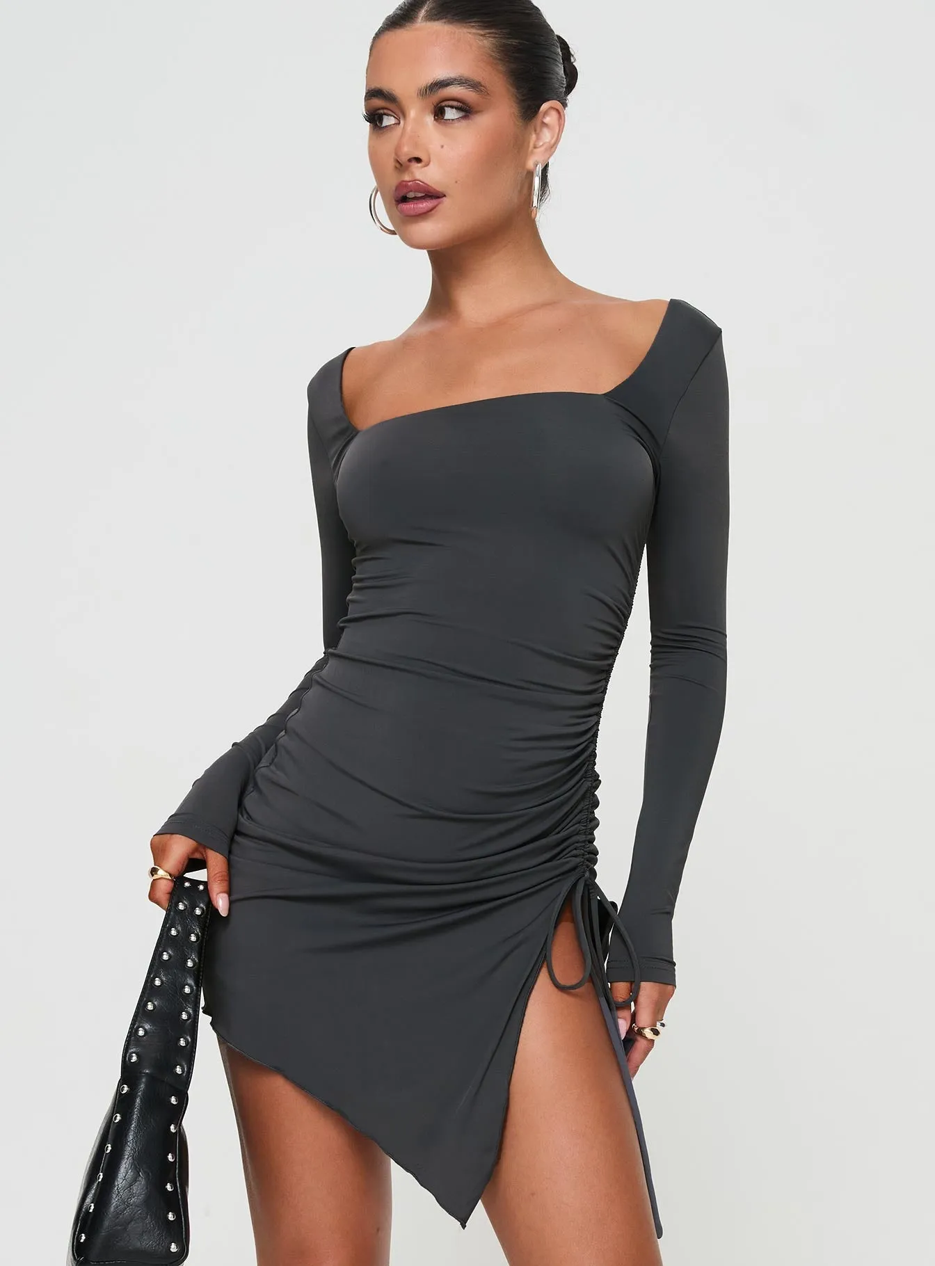 Caprani Long Sleeve Mini Dress Grey Fashion Design Shine Star