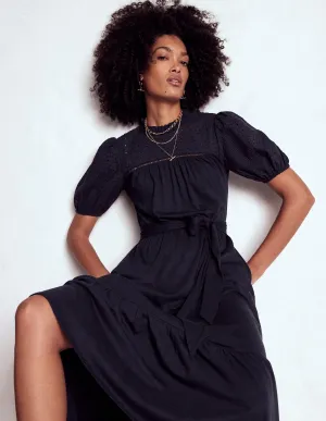 Lorelei Broderie Jersey Dress-Navy Classic silhouette dress Sophisticated mid-calf gown