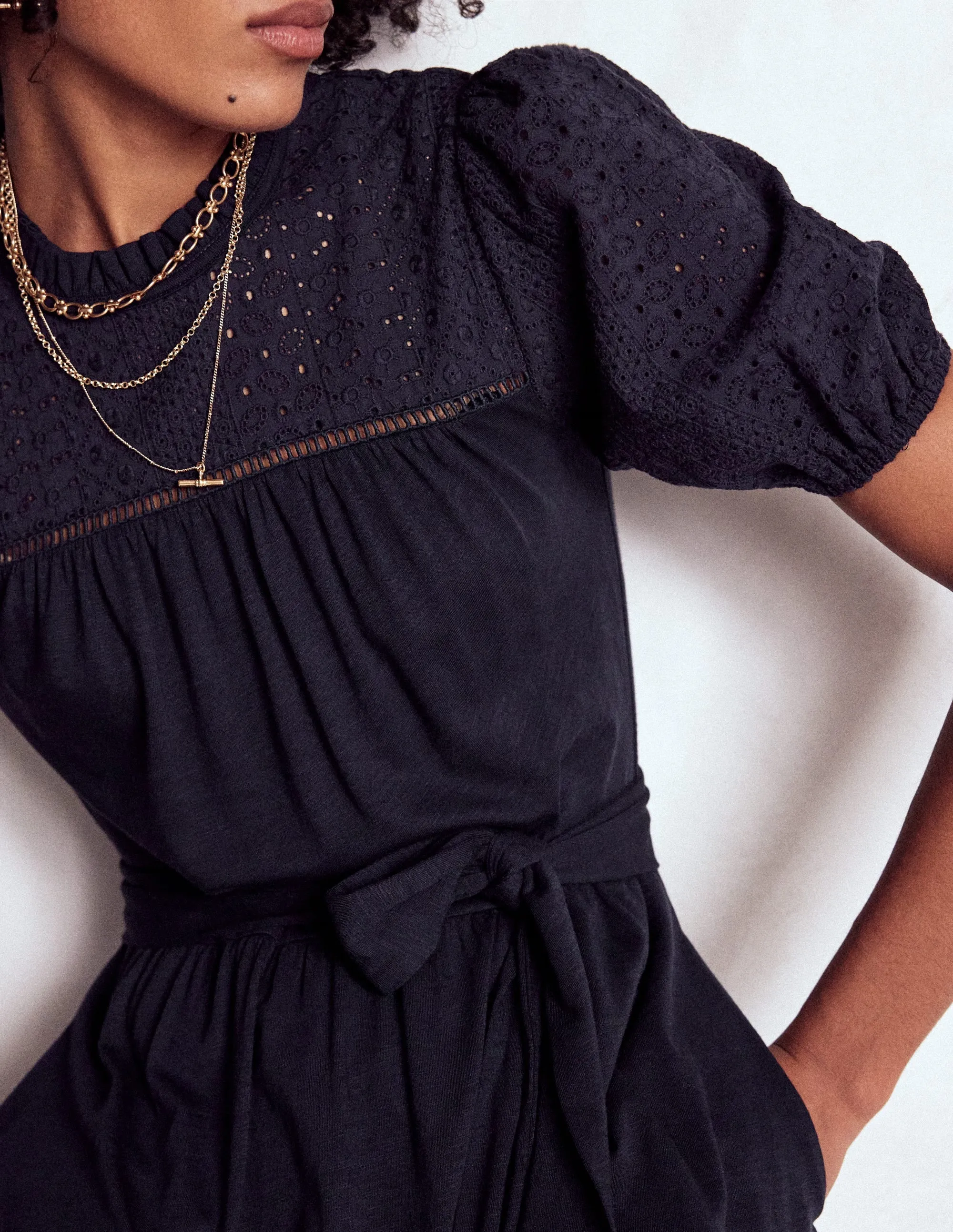 Free Movement Urban Casual Lorelei Broderie Jersey Dress-Navy